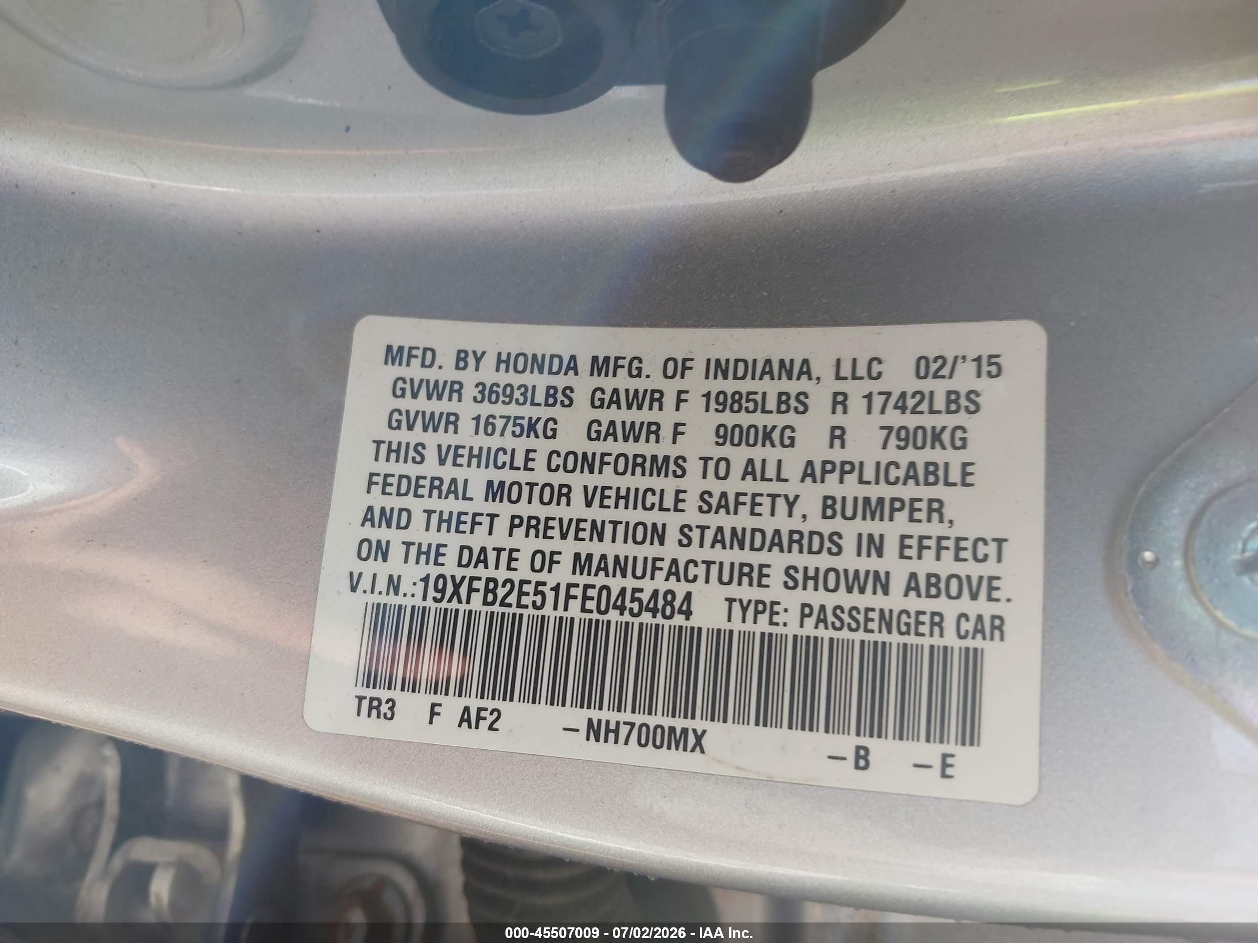 2015 Honda Civic Lx Silver vin: 19XFB2E51FE045484
