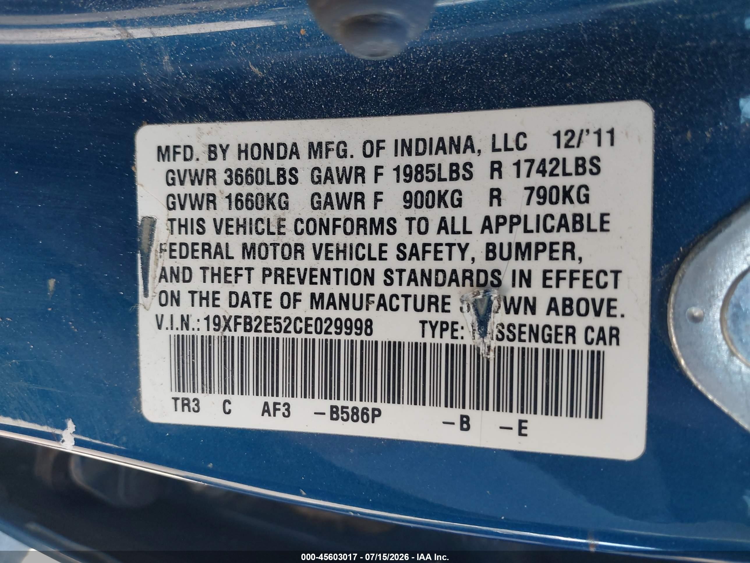 2012 Honda Civic Lx Blue vin: 19XFB2E52CE029998