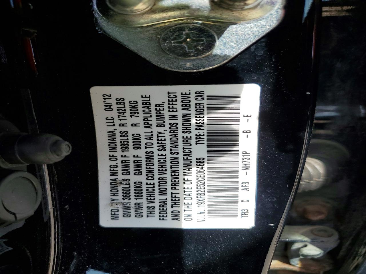2012 Honda Civic Lx Black vin: 19XFB2E52CE064685