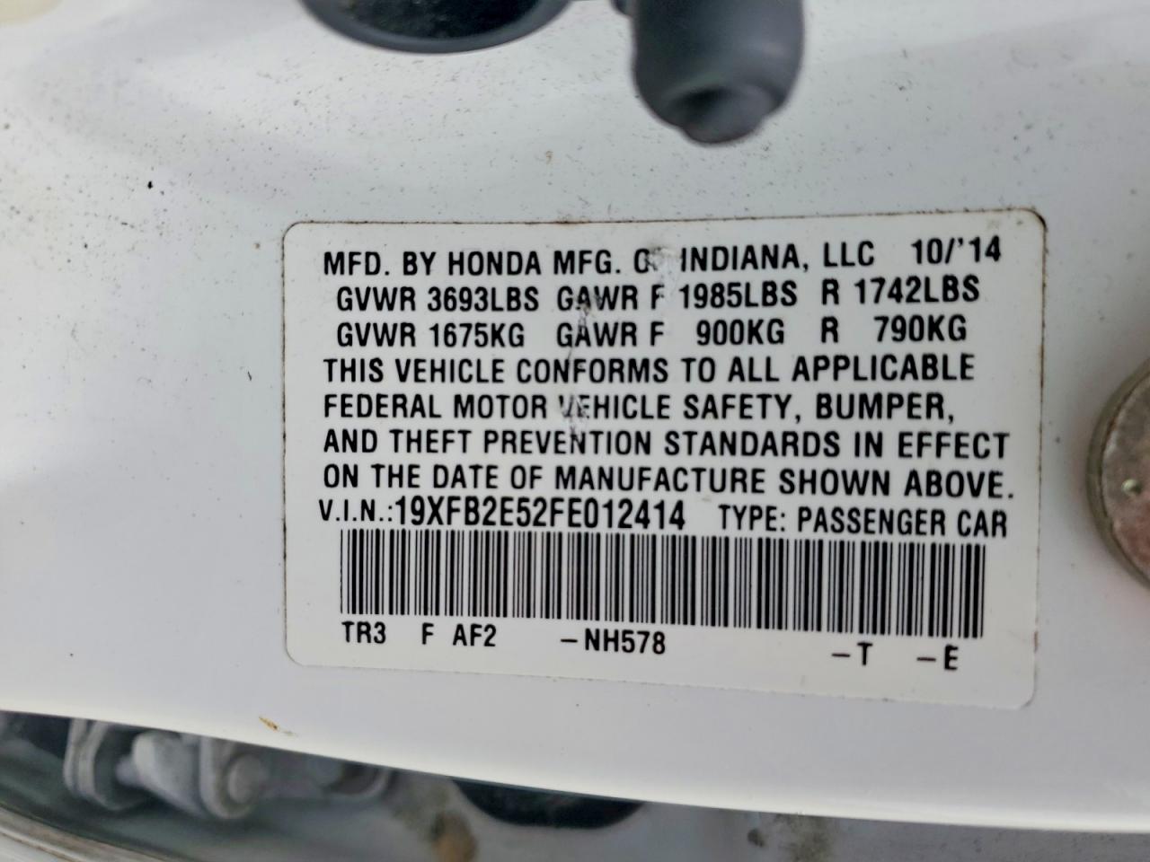 2015 Honda Civic Lx White vin: 19XFB2E52FE012414