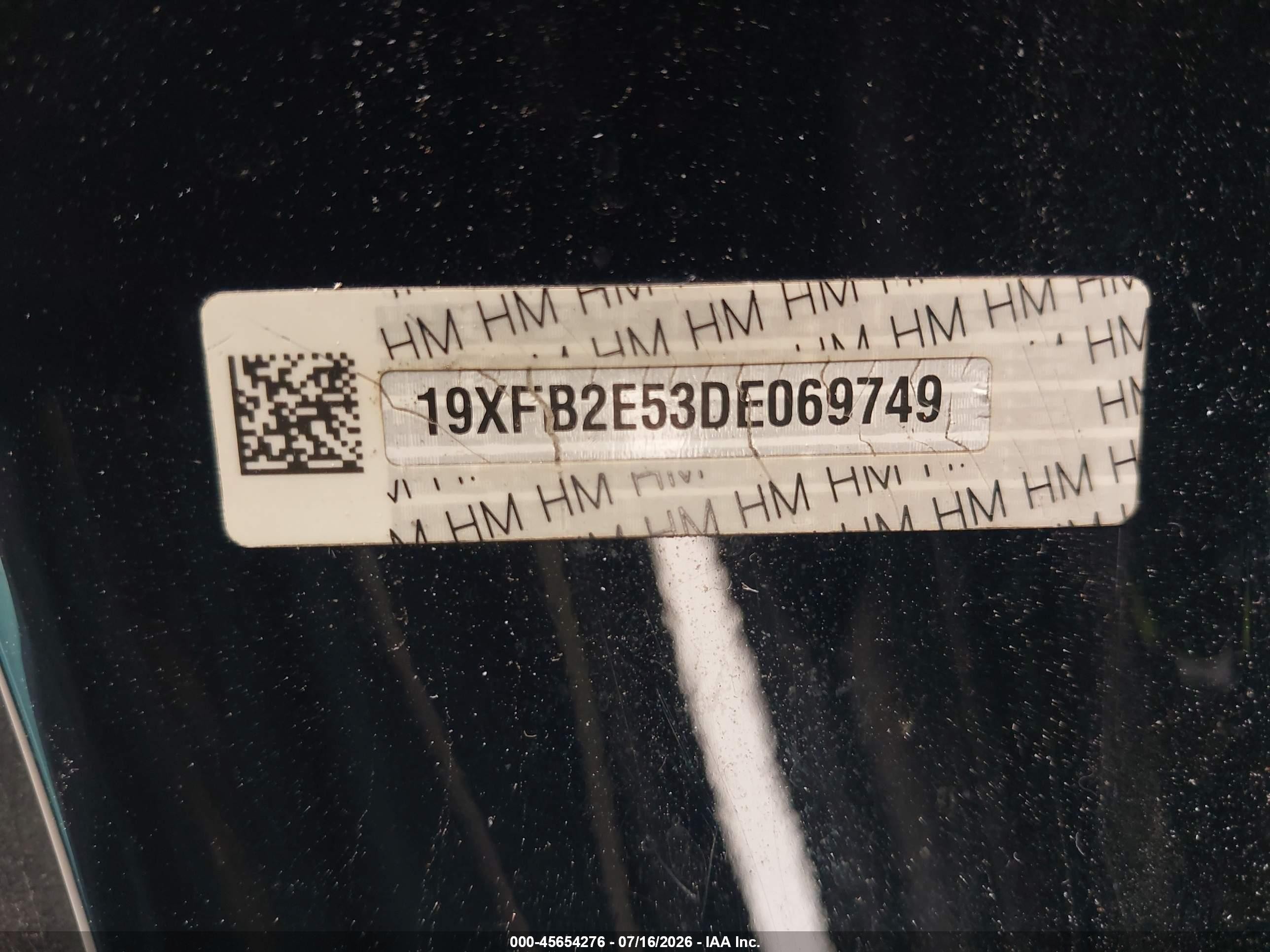 2013 Honda Civic Lx Black vin: 19XFB2E53DE069749