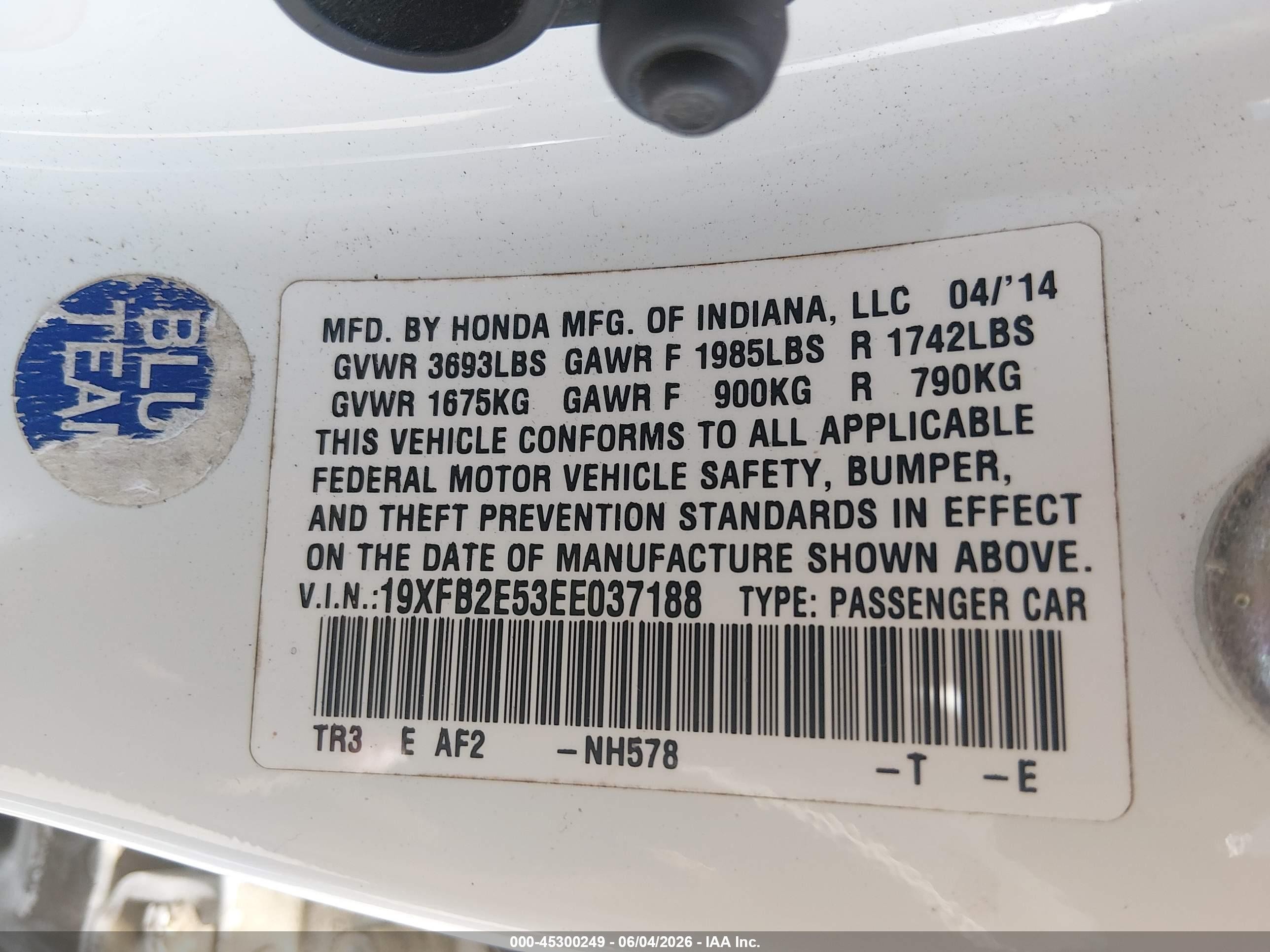 2014 Honda Civic Lx White vin: 19XFB2E53EE037188