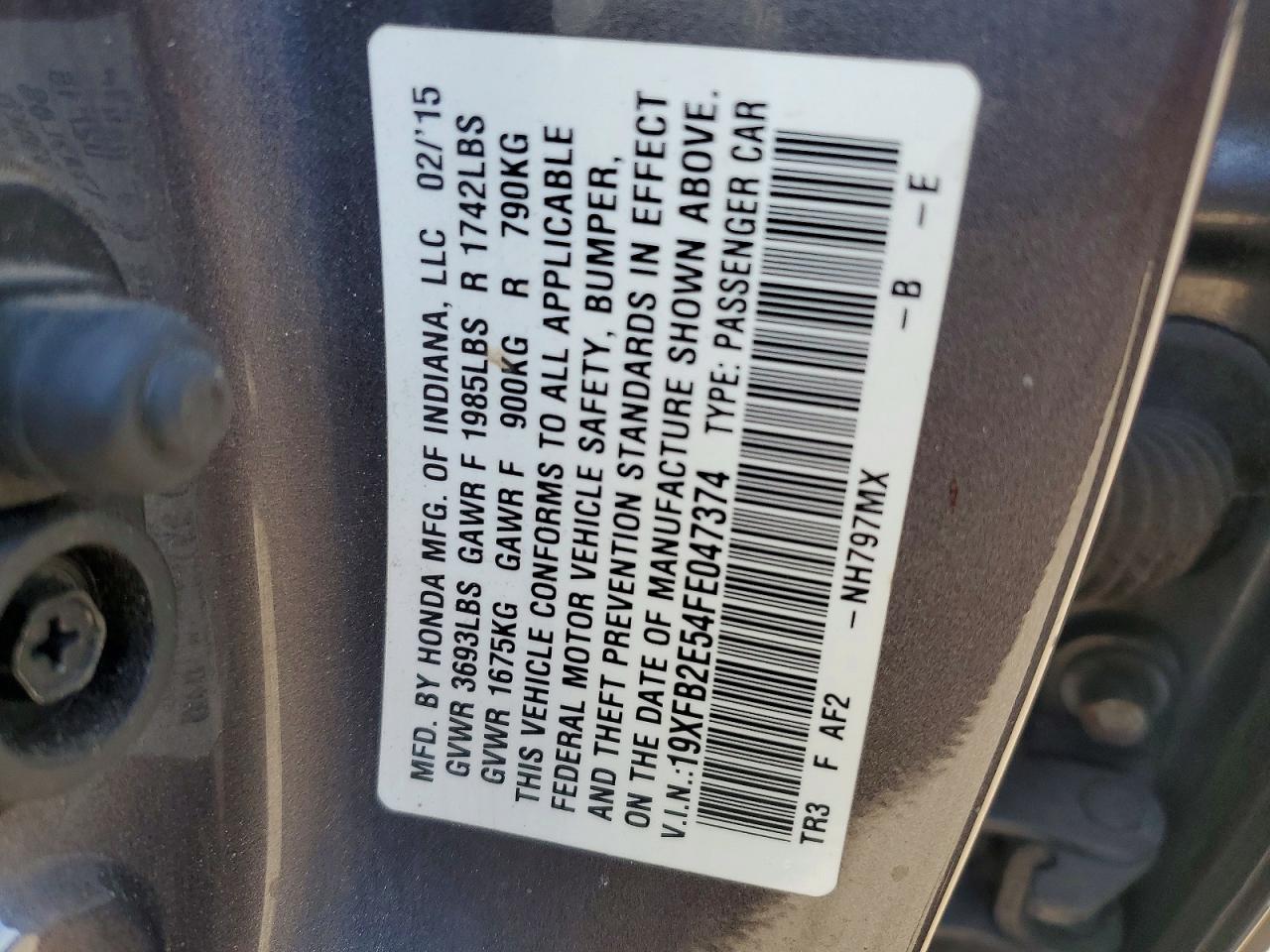 2015 Honda Civic Lx Gray vin: 19XFB2E54FE047374