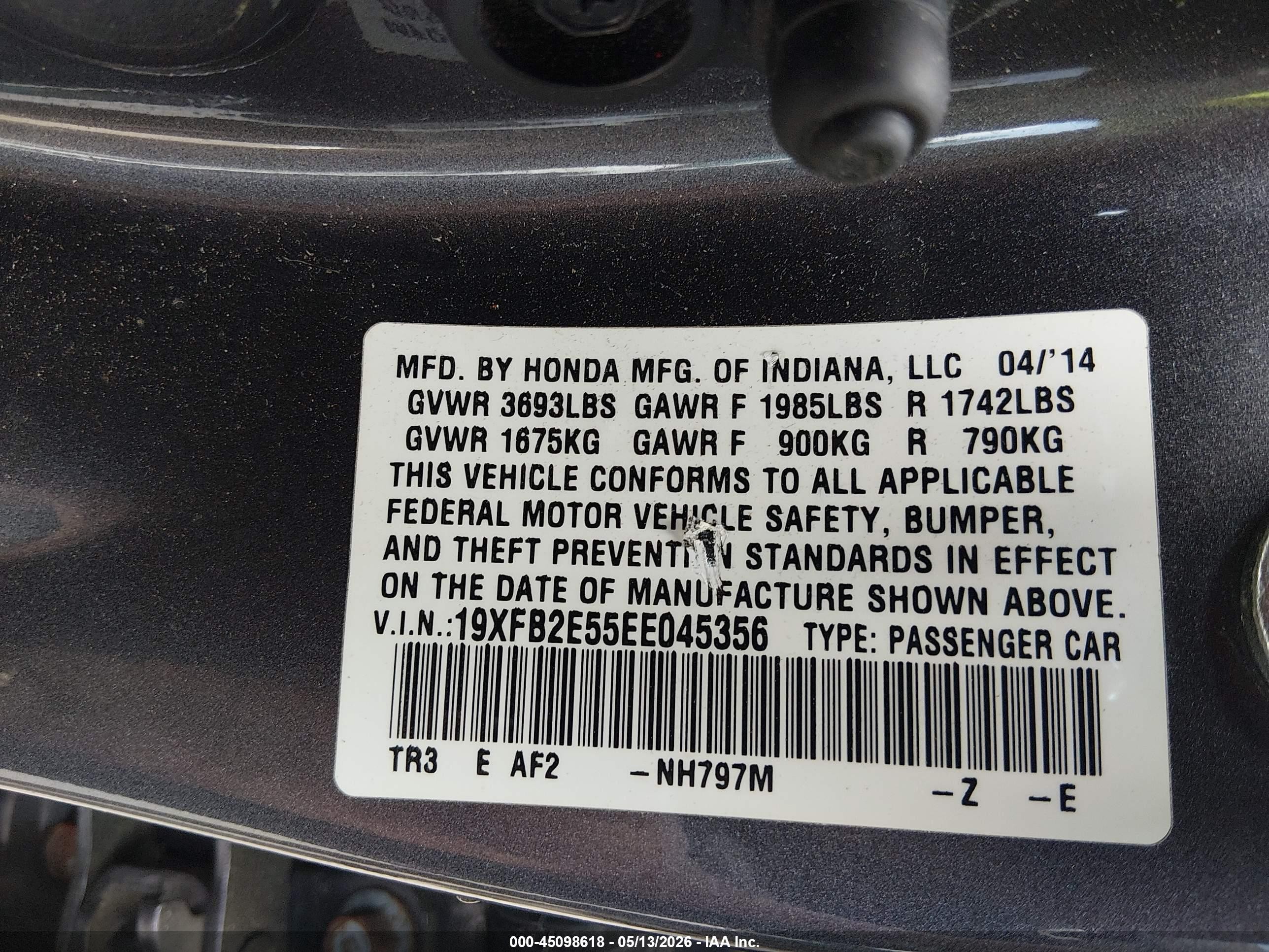 2014 Honda Civic Lx Gray vin: 19XFB2E55EE045356