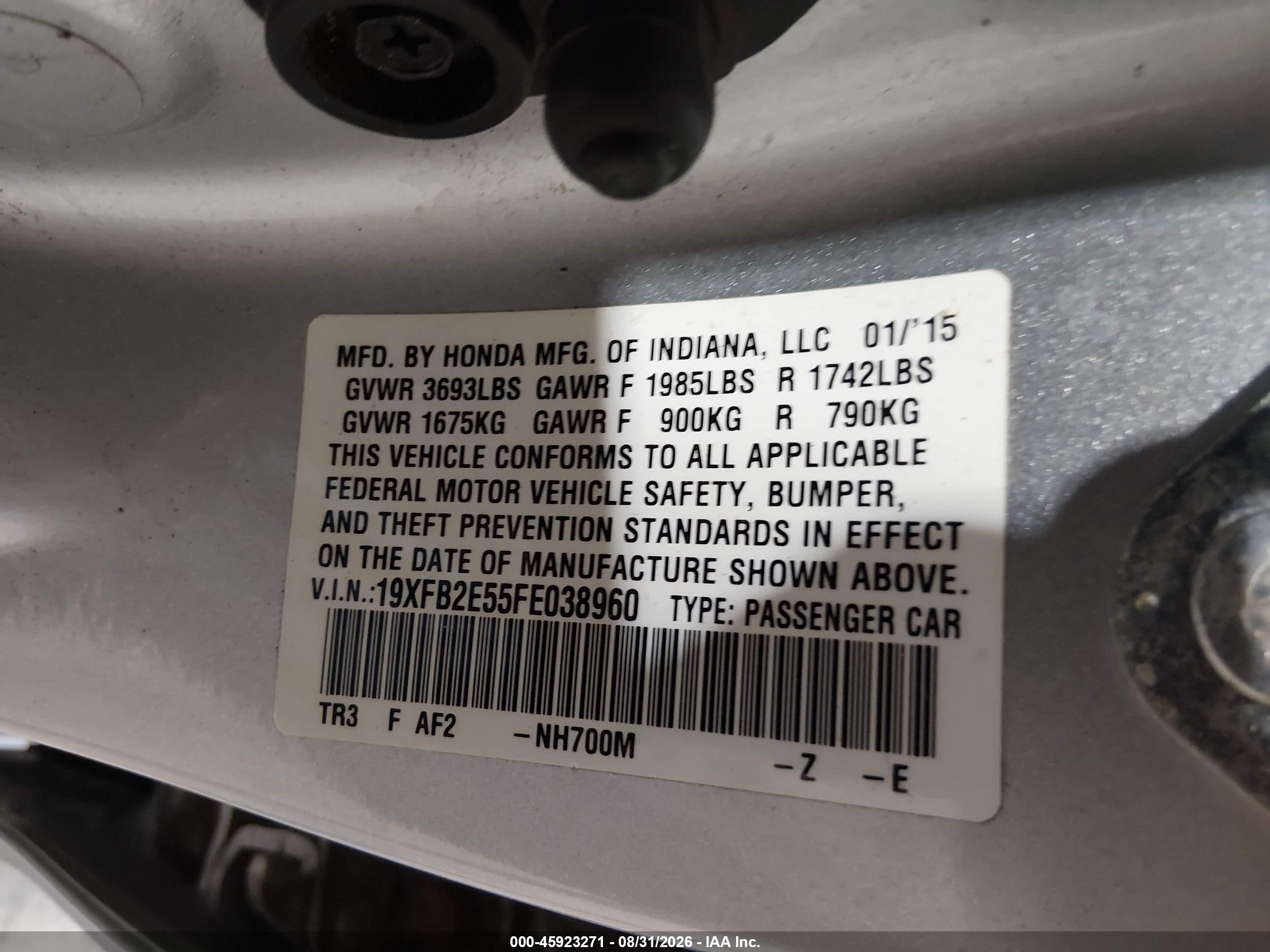 2015 Honda Civic Lx Silver vin: 19XFB2E55FE038960