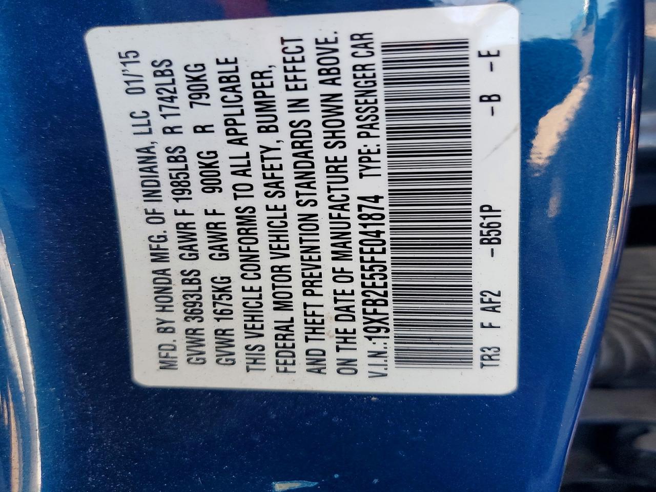 2015 Honda Civic Lx Blue vin: 19XFB2E55FE041874