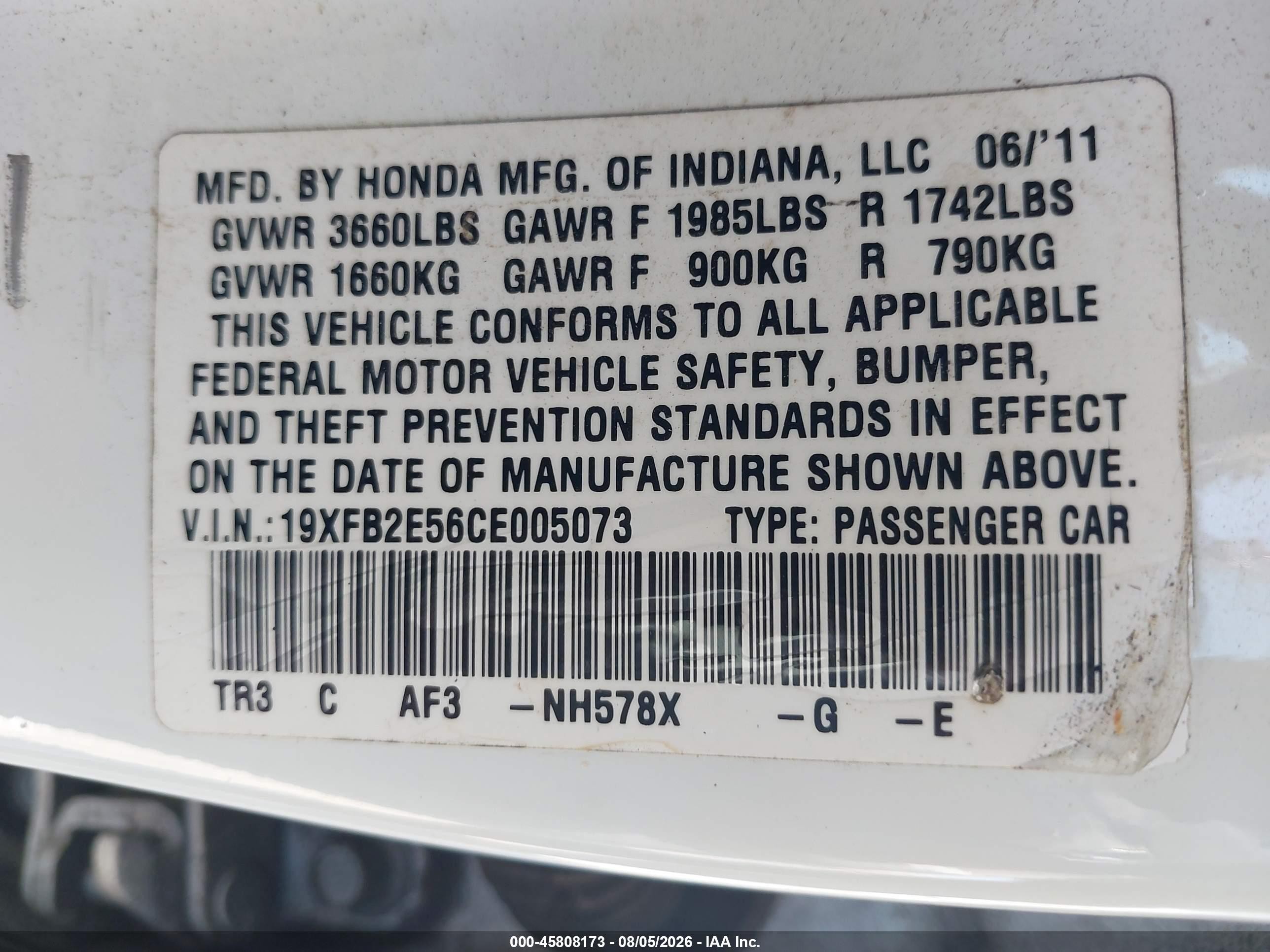 2012 Honda Civic Lx White vin: 19XFB2E56CE005073
