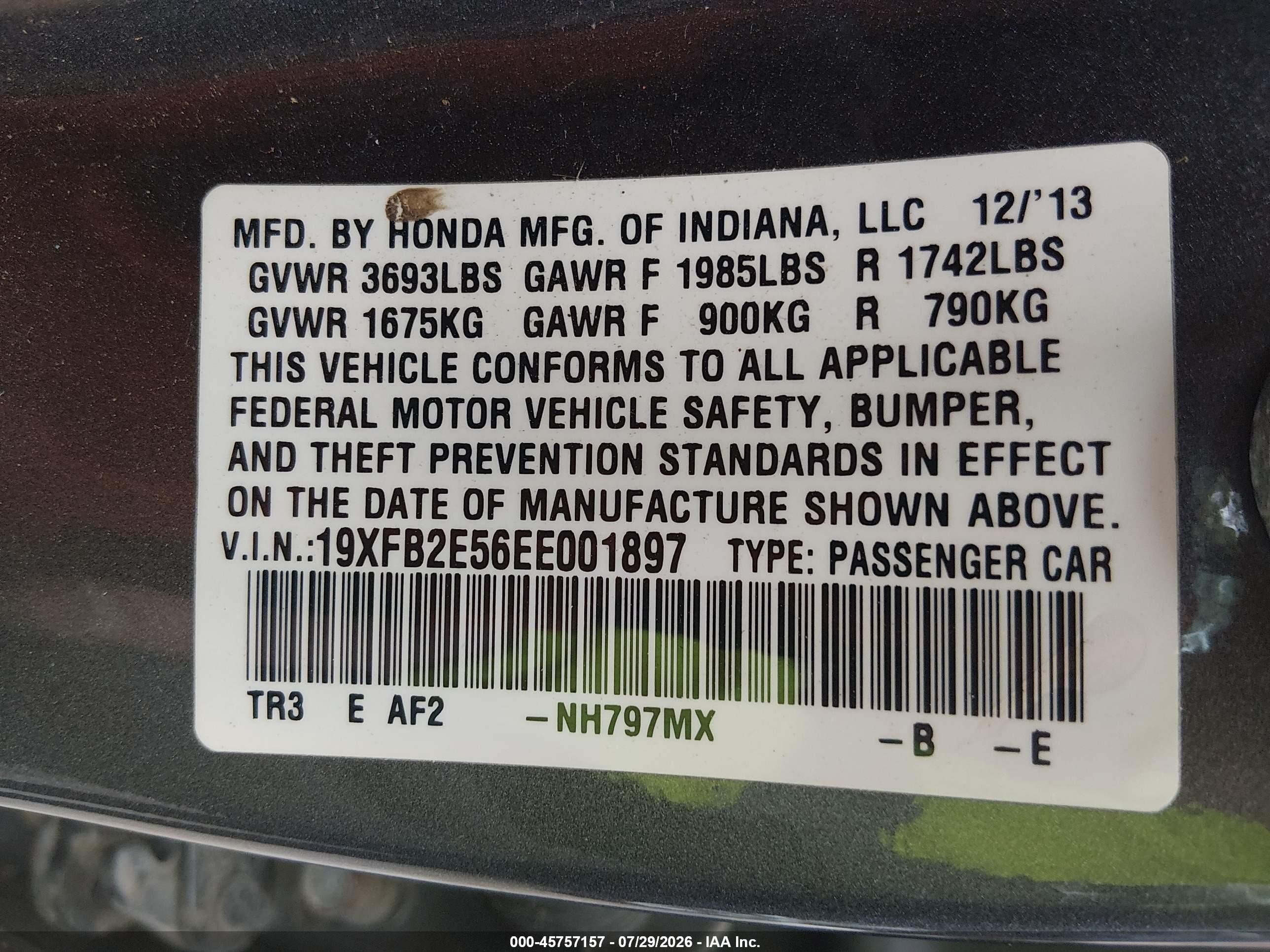 2014 Honda Civic Lx Gray vin: 19XFB2E56EE001897