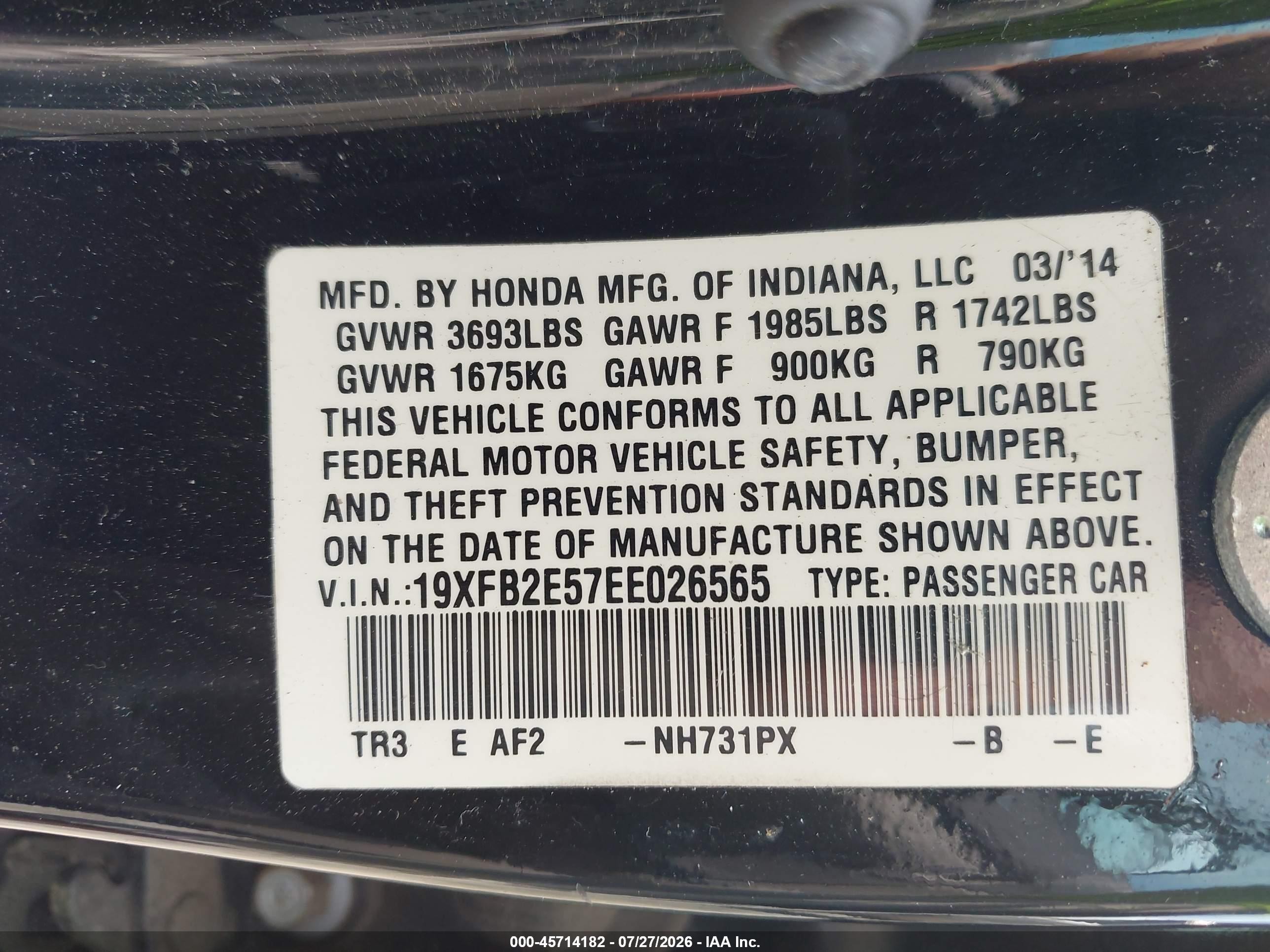 2014 Honda Civic Lx Black vin: 19XFB2E57EE026565