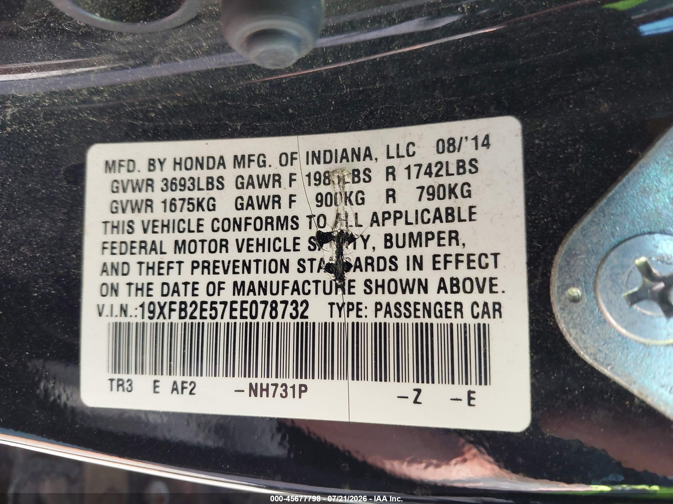 2014 Honda Civic Lx Black vin: 19XFB2E57EE078732