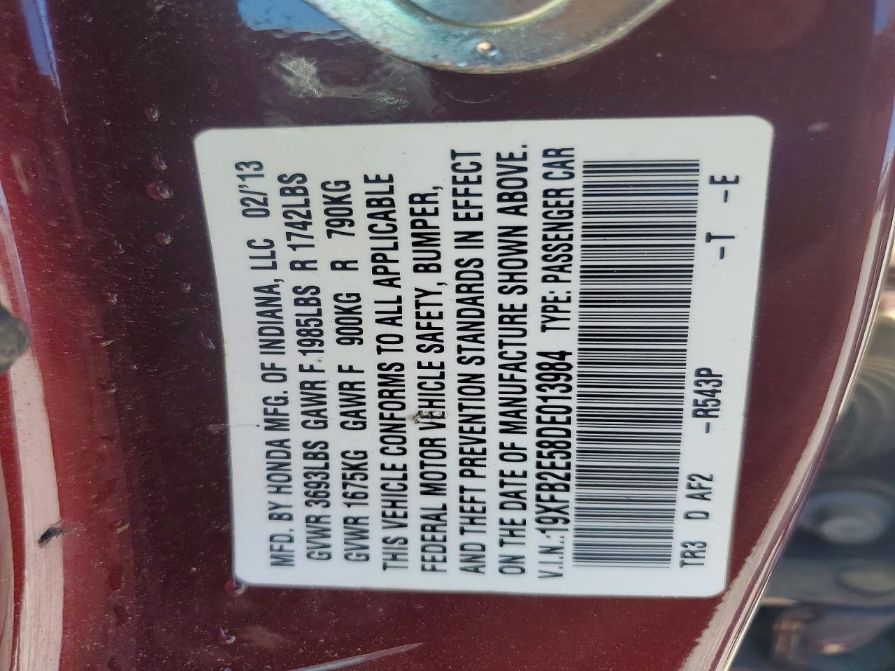 2013 Honda Civic Lx Burgundy vin: 19XFB2E58DE013984