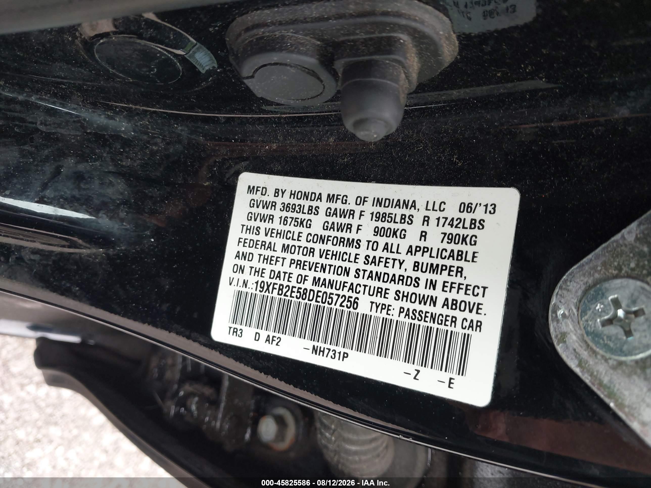 2013 Honda Civic Lx Black vin: 19XFB2E58DE057256