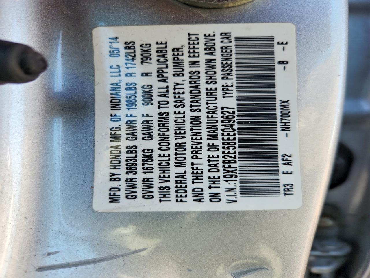 2014 Honda Civic Lx Silver vin: 19XFB2E58EE049627