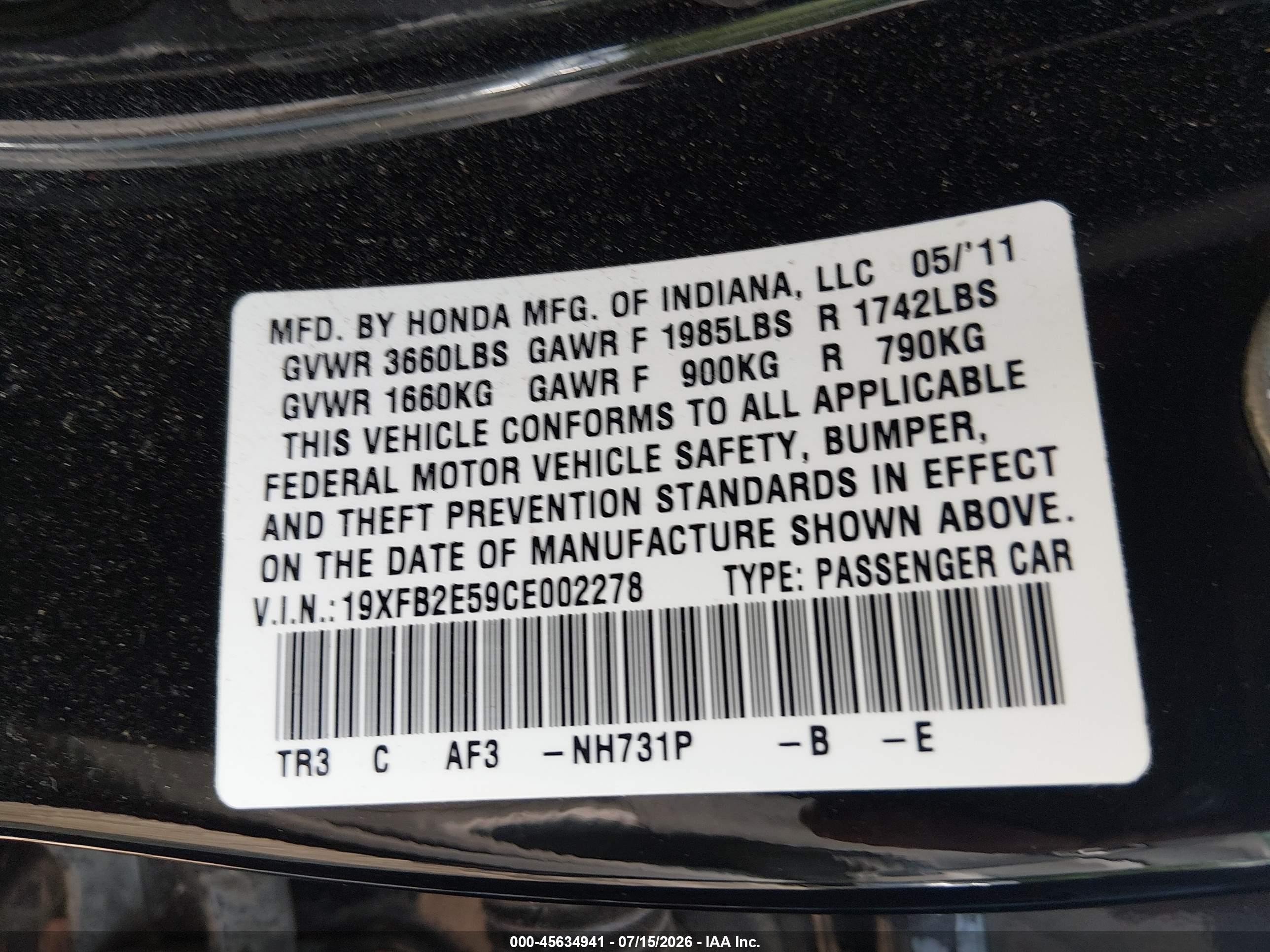 2012 Honda Civic Lx Black vin: 19XFB2E59CE002278