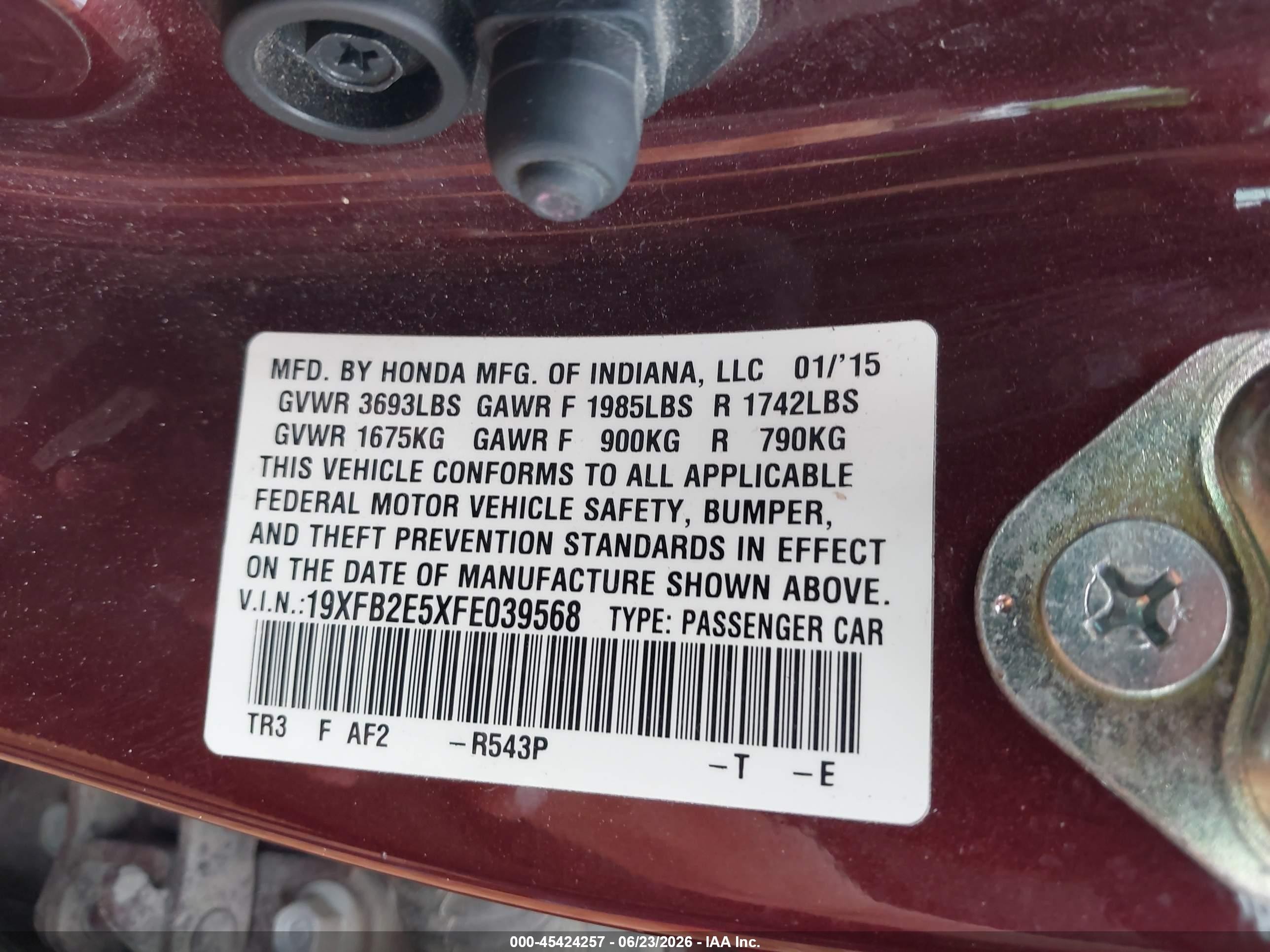 2015 Honda Civic Lx Red vin: 19XFB2E5XFE039568