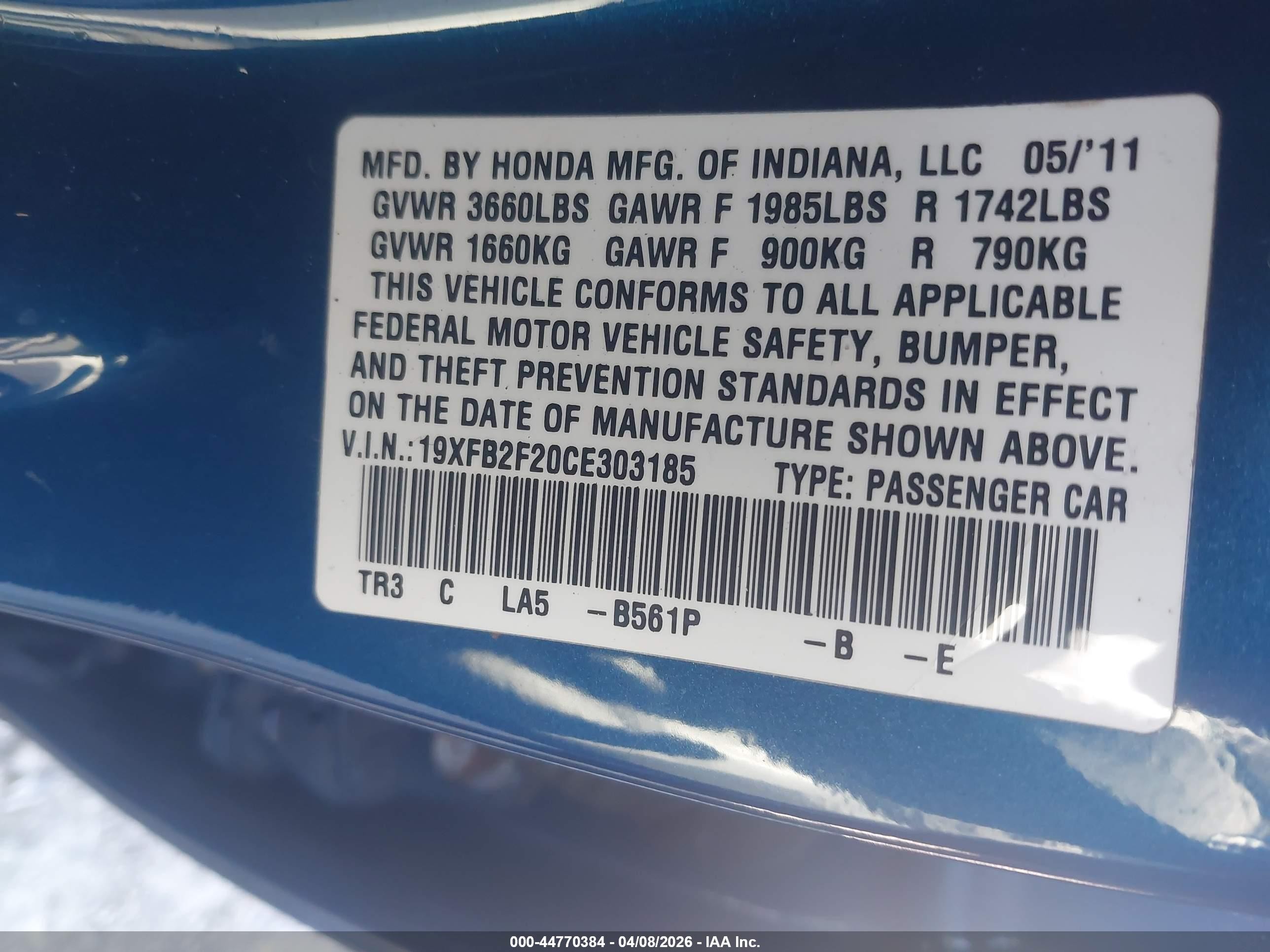 2012 Honda Civic Dx Blue vin: 19XFB2F20CE303185