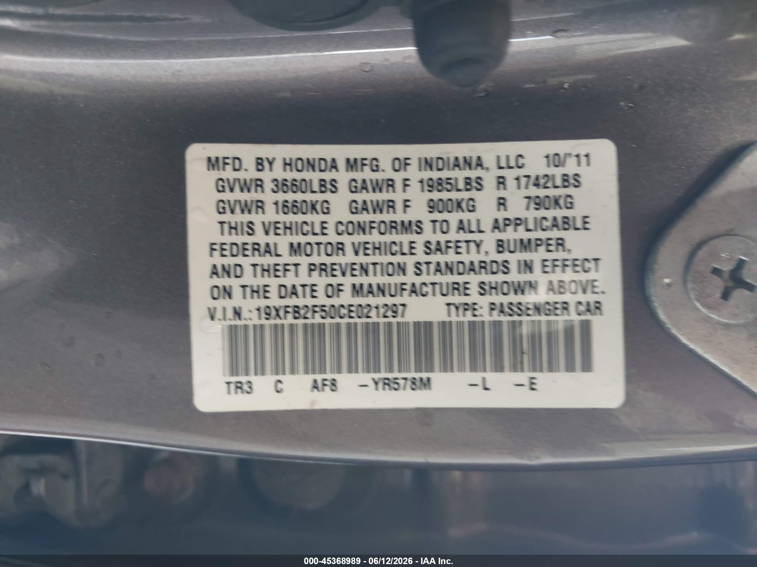 2012 Honda Civic Lx Brown vin: 19XFB2F50CE021297