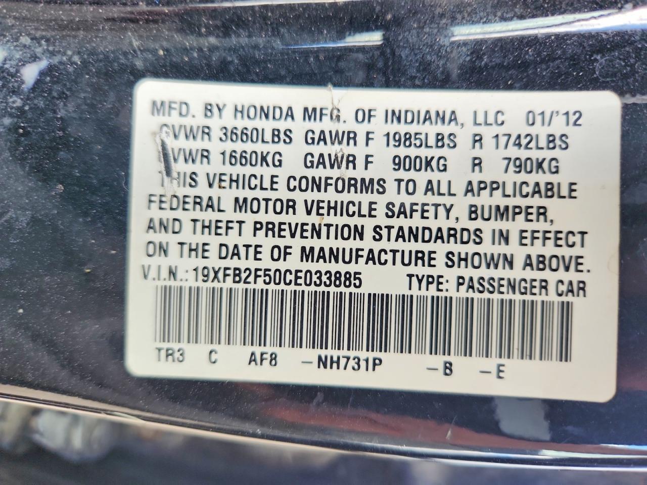 2012 Honda Civic Lx Black vin: 19XFB2F50CE033885