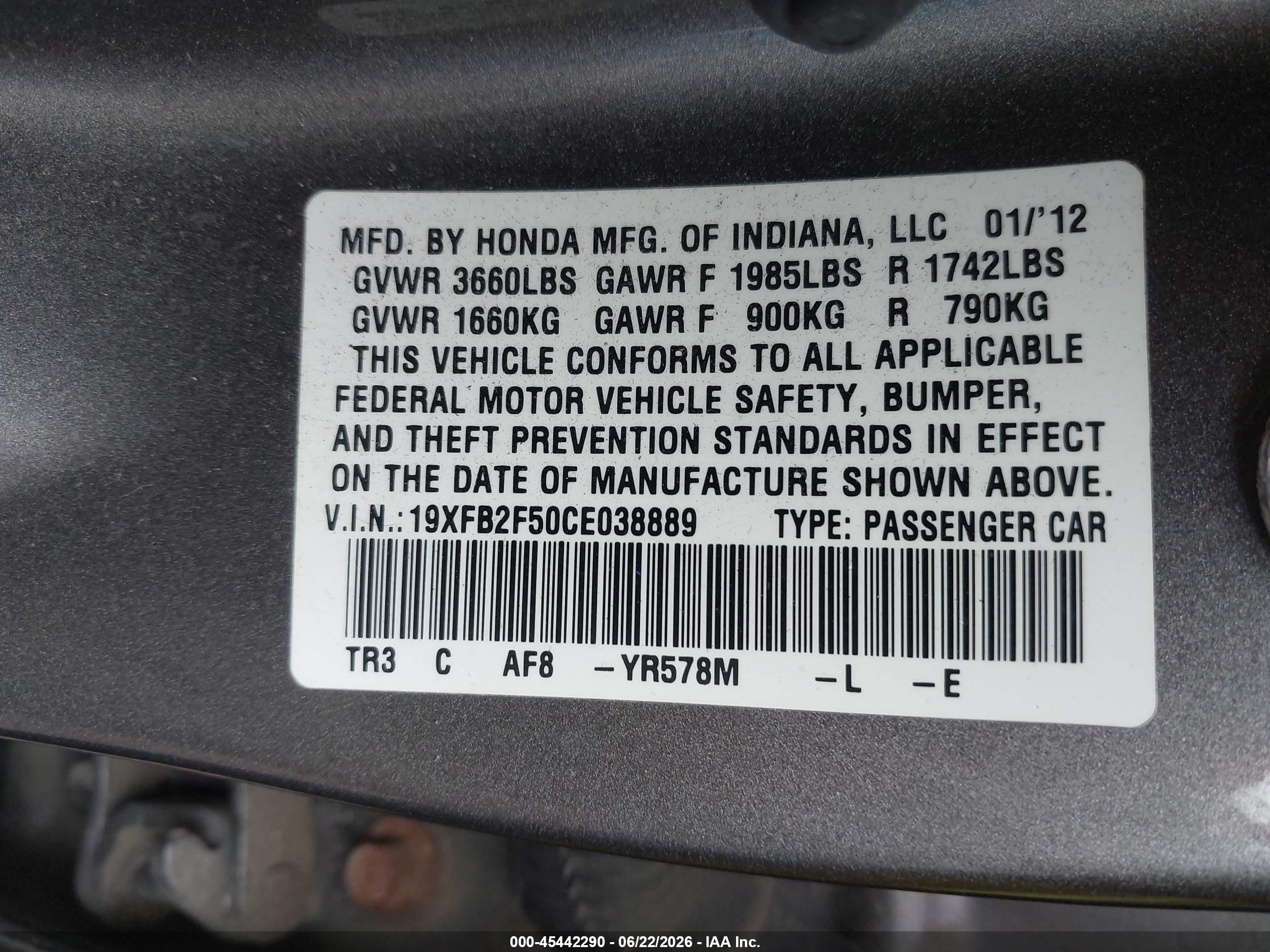 2012 Honda Civic Lx Gray vin: 19XFB2F50CE038889