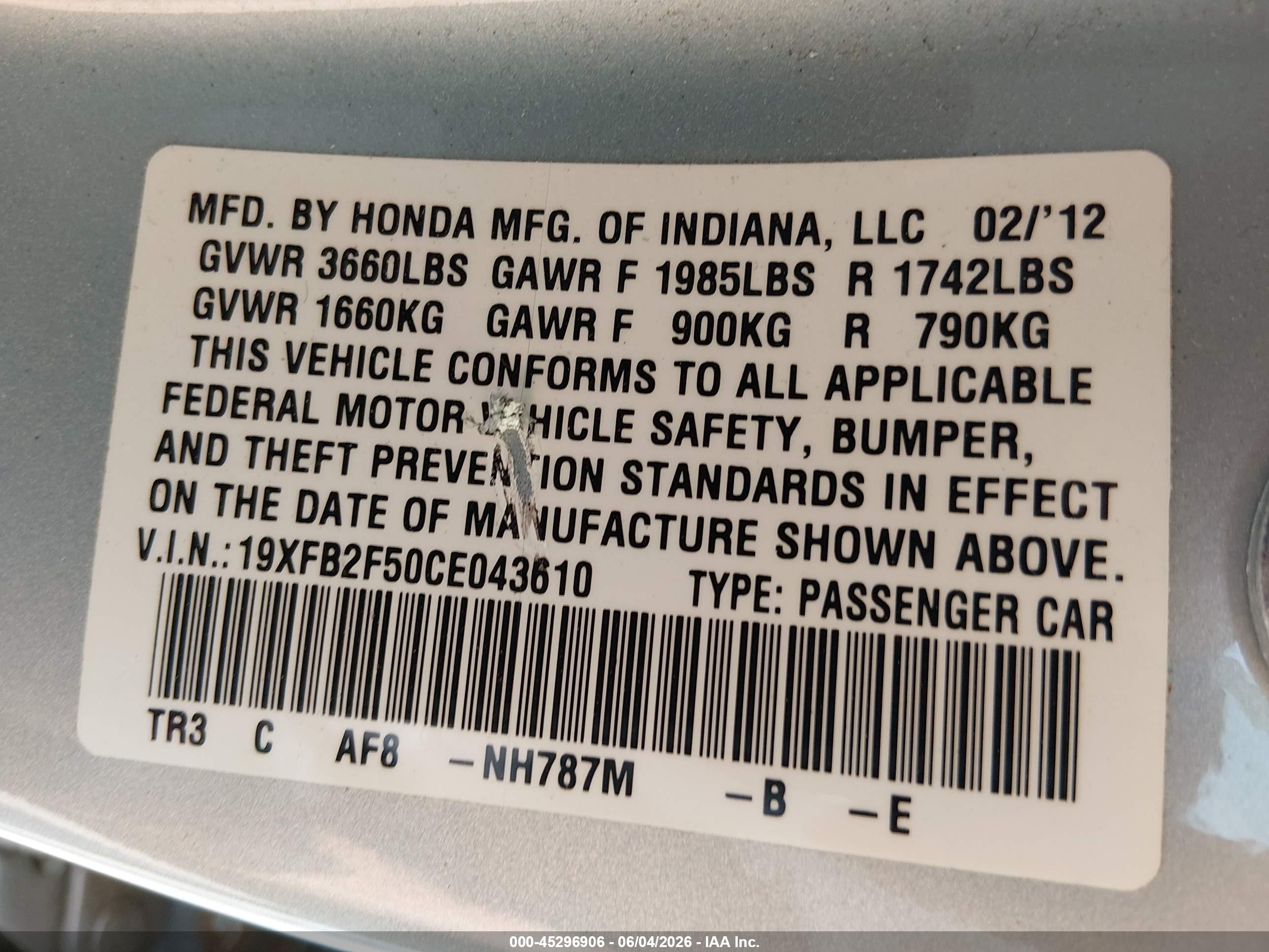 2012 Honda Civic Lx Light Blue vin: 19XFB2F50CE043610