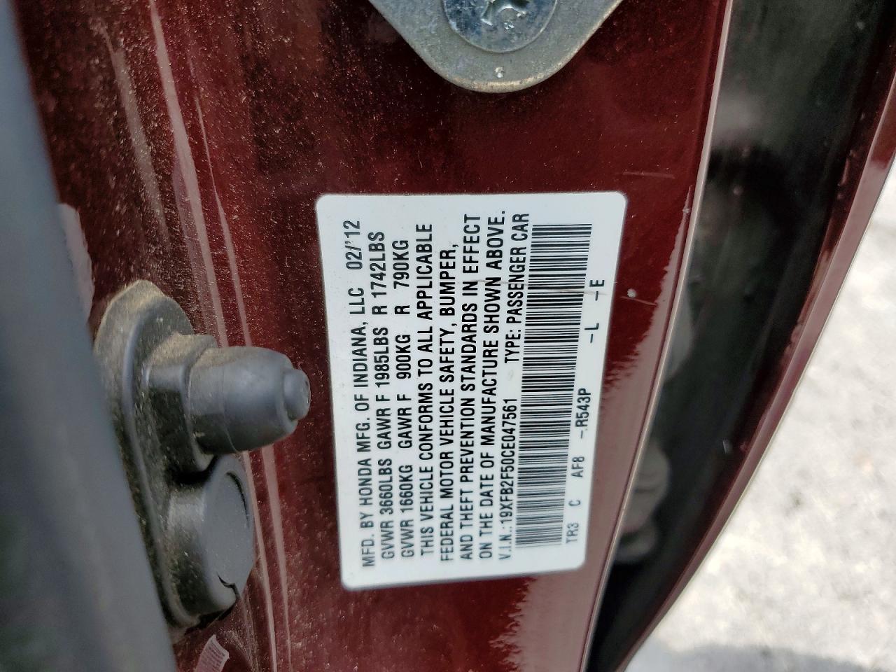 2012 Honda Civic Lx Burgundy vin: 19XFB2F50CE047561