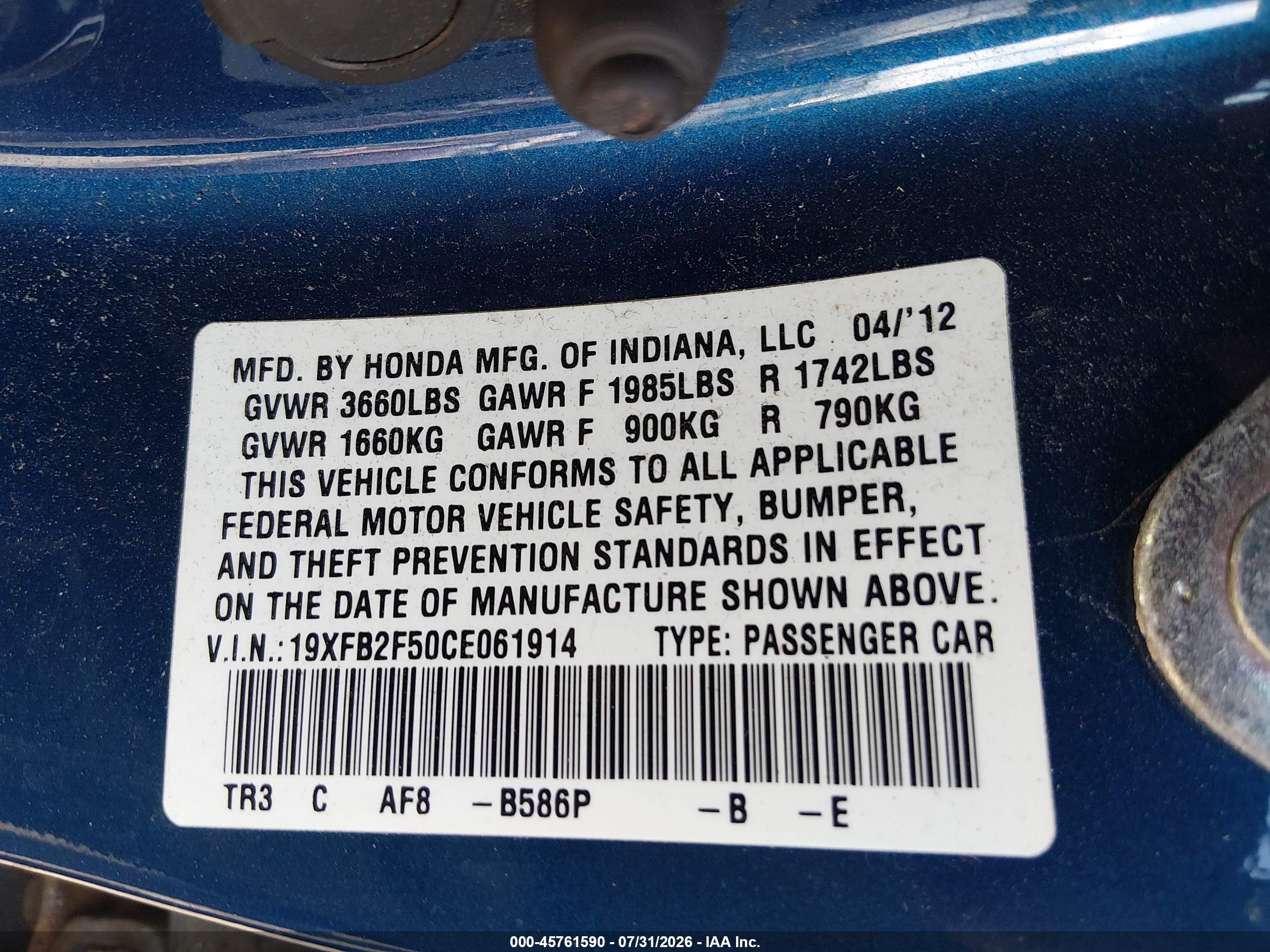 2012 Honda Civic Lx Blue vin: 19XFB2F50CE061914