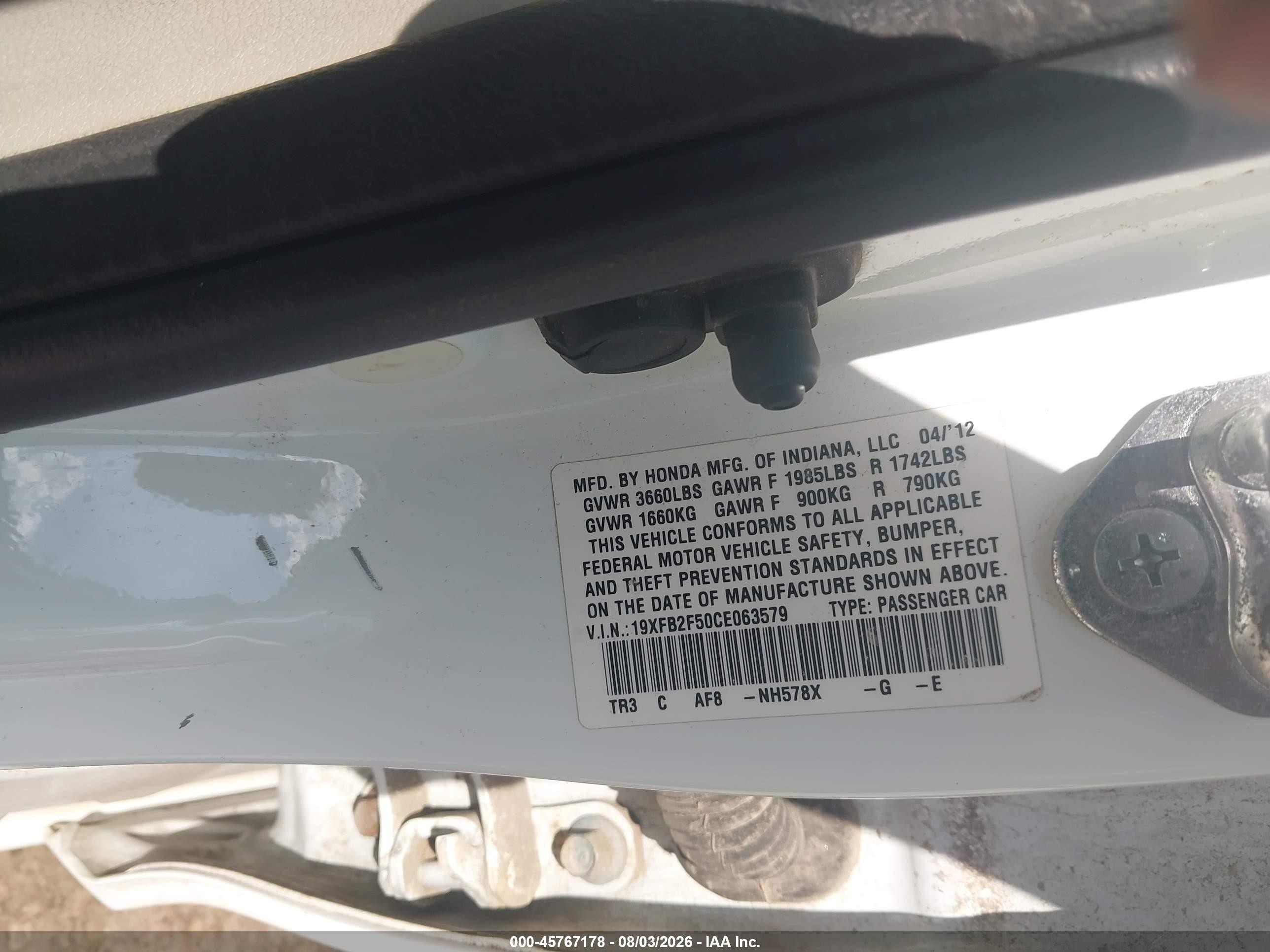 2012 Honda Civic Lx White vin: 19XFB2F50CE063579