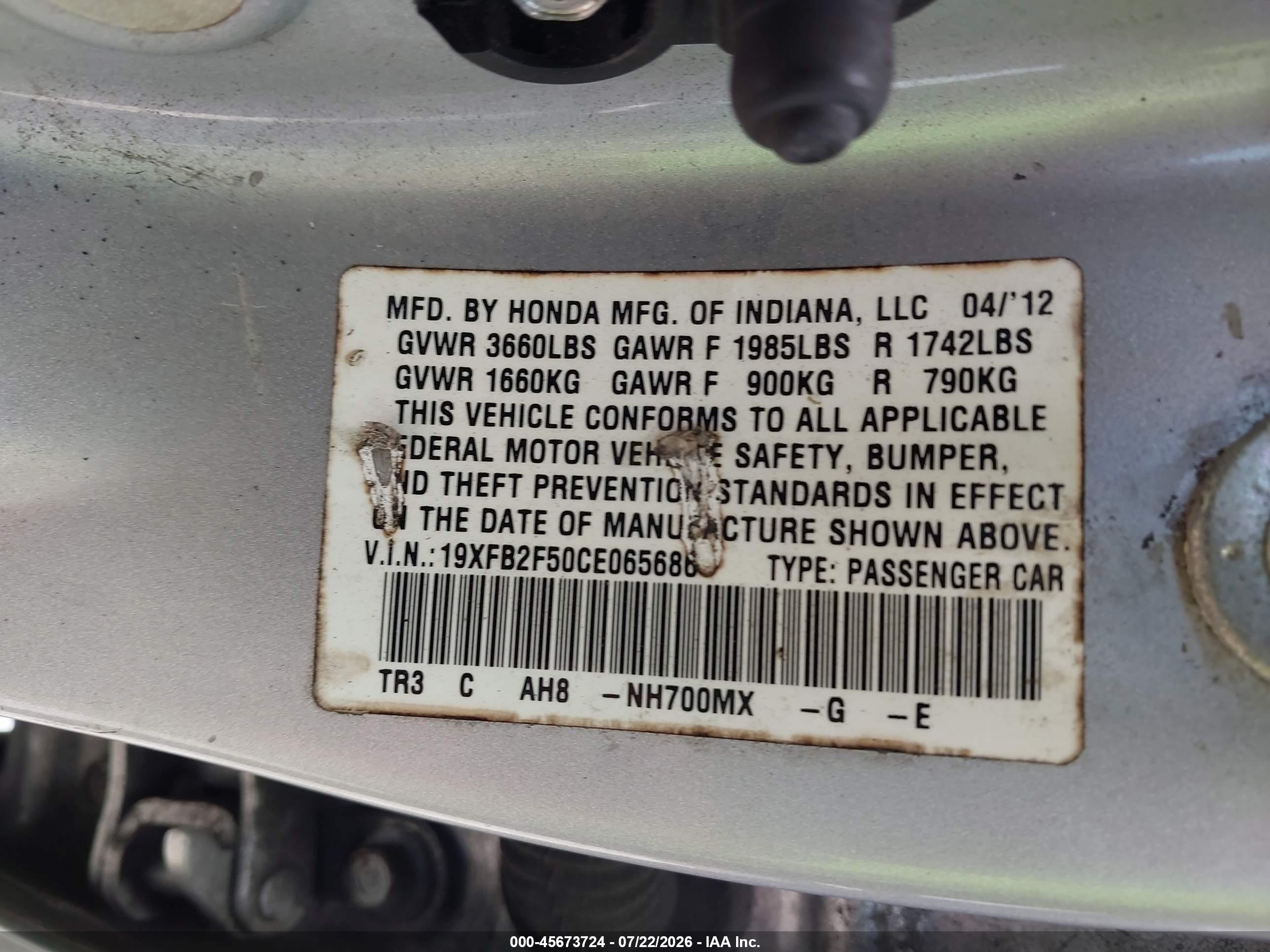 2012 Honda Civic Lx Silver vin: 19XFB2F50CE065686