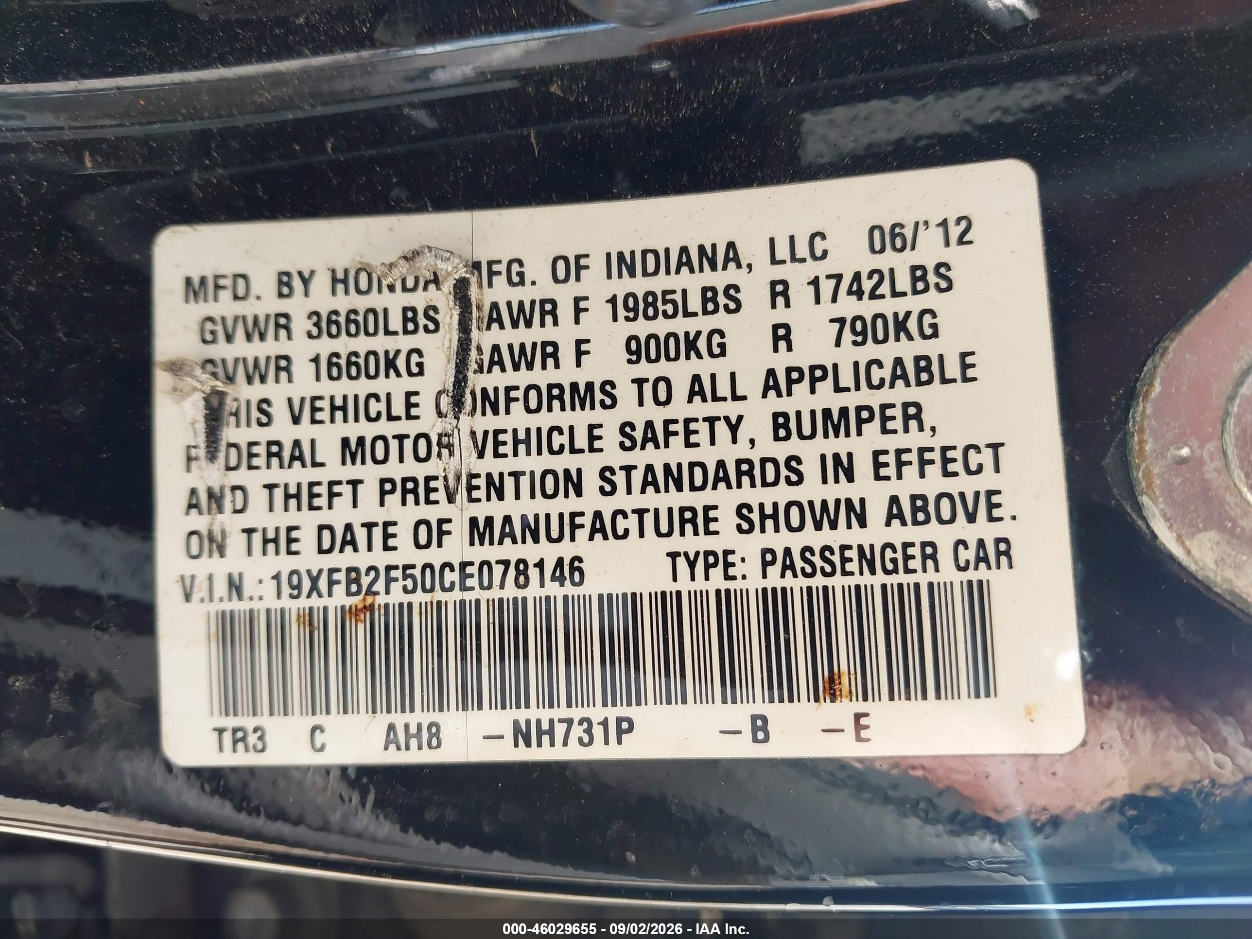 2012 Honda Civic Lx Black vin: 19XFB2F50CE078146