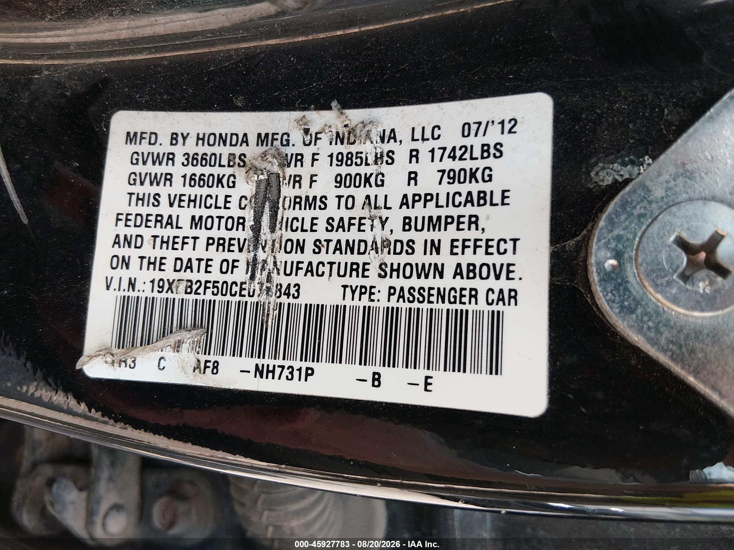 2012 Honda Civic Lx Black vin: 19XFB2F50CE078843