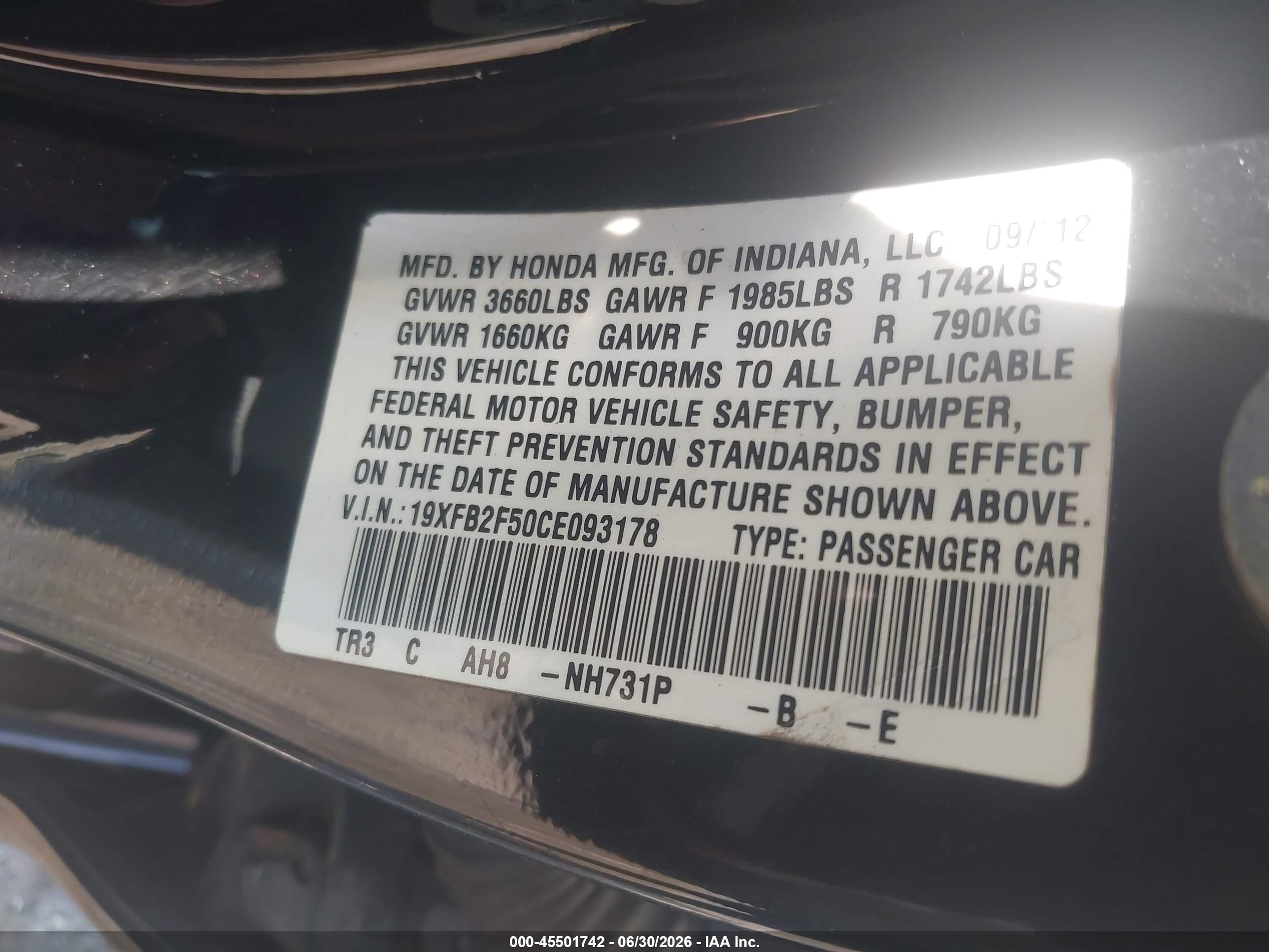 2012 Honda Civic Lx Черный vin: 19XFB2F50CE093178