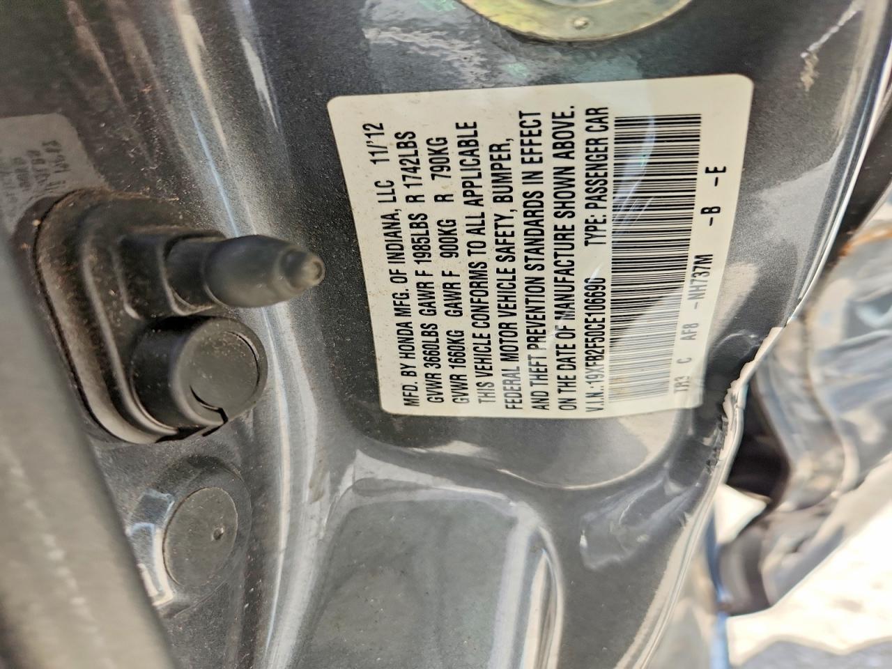 2012 Honda Civic Lx Gray vin: 19XFB2F50CE106690
