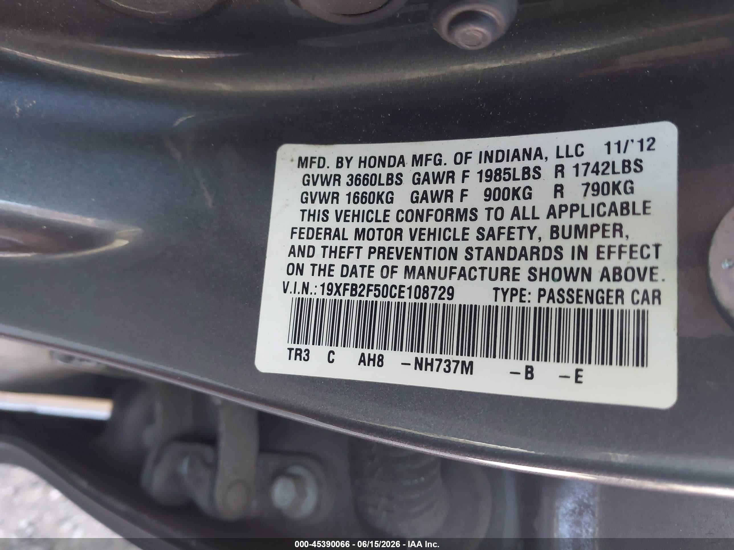 2012 Honda Civic Lx Gray vin: 19XFB2F50CE108729
