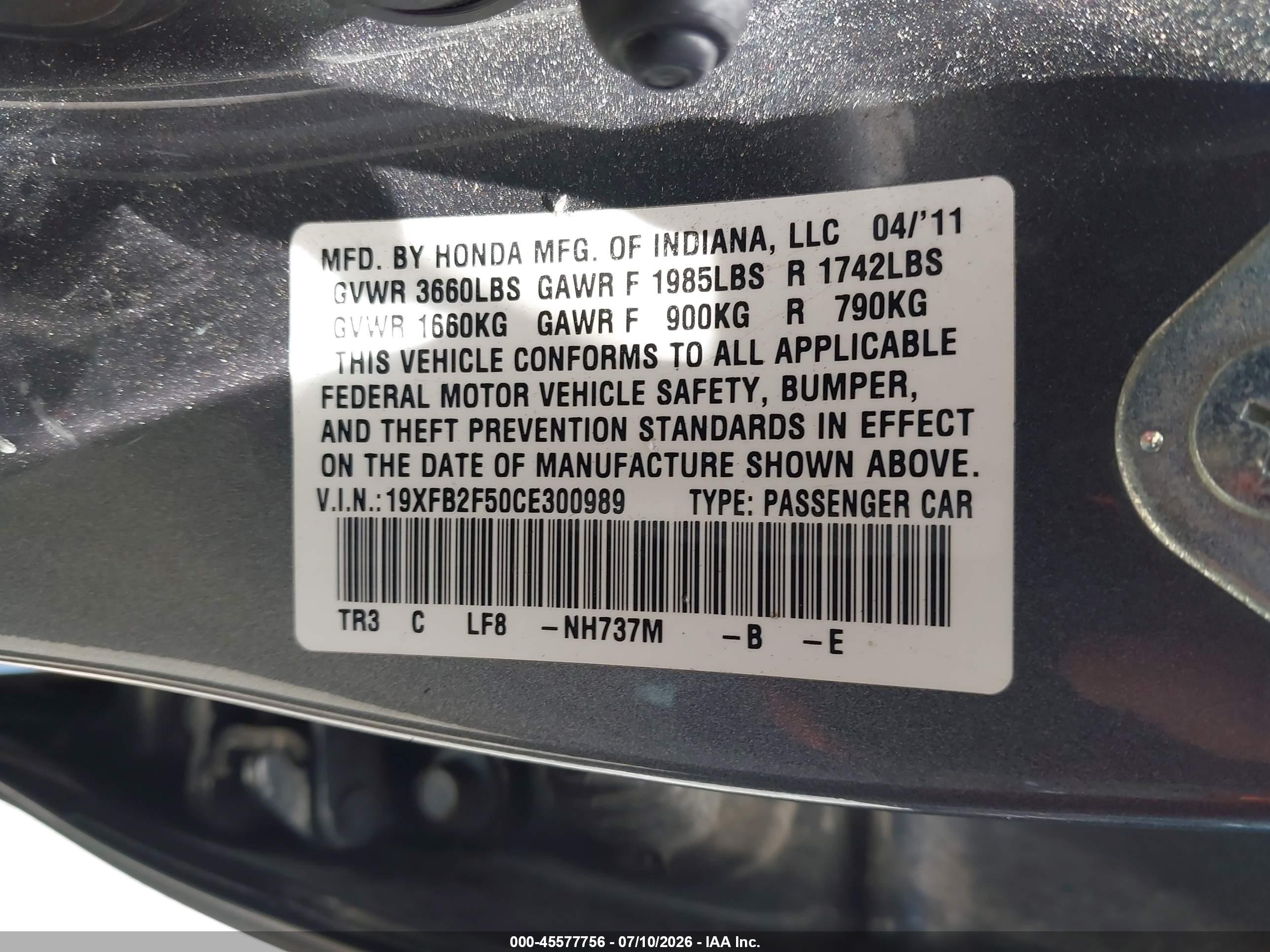 2012 Honda Civic Lx Gray vin: 19XFB2F50CE300989