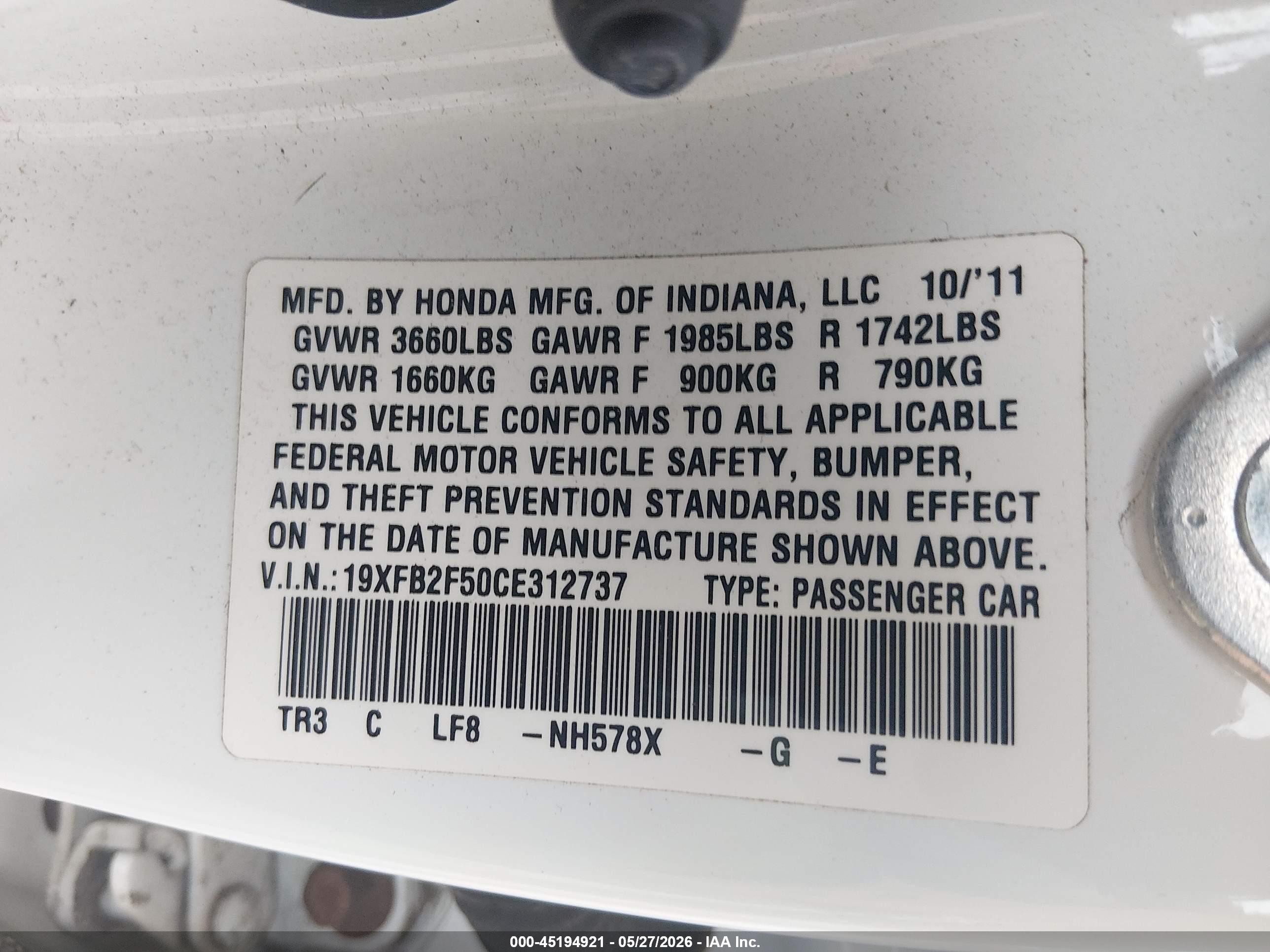 2012 Honda Civic Lx White vin: 19XFB2F50CE312737