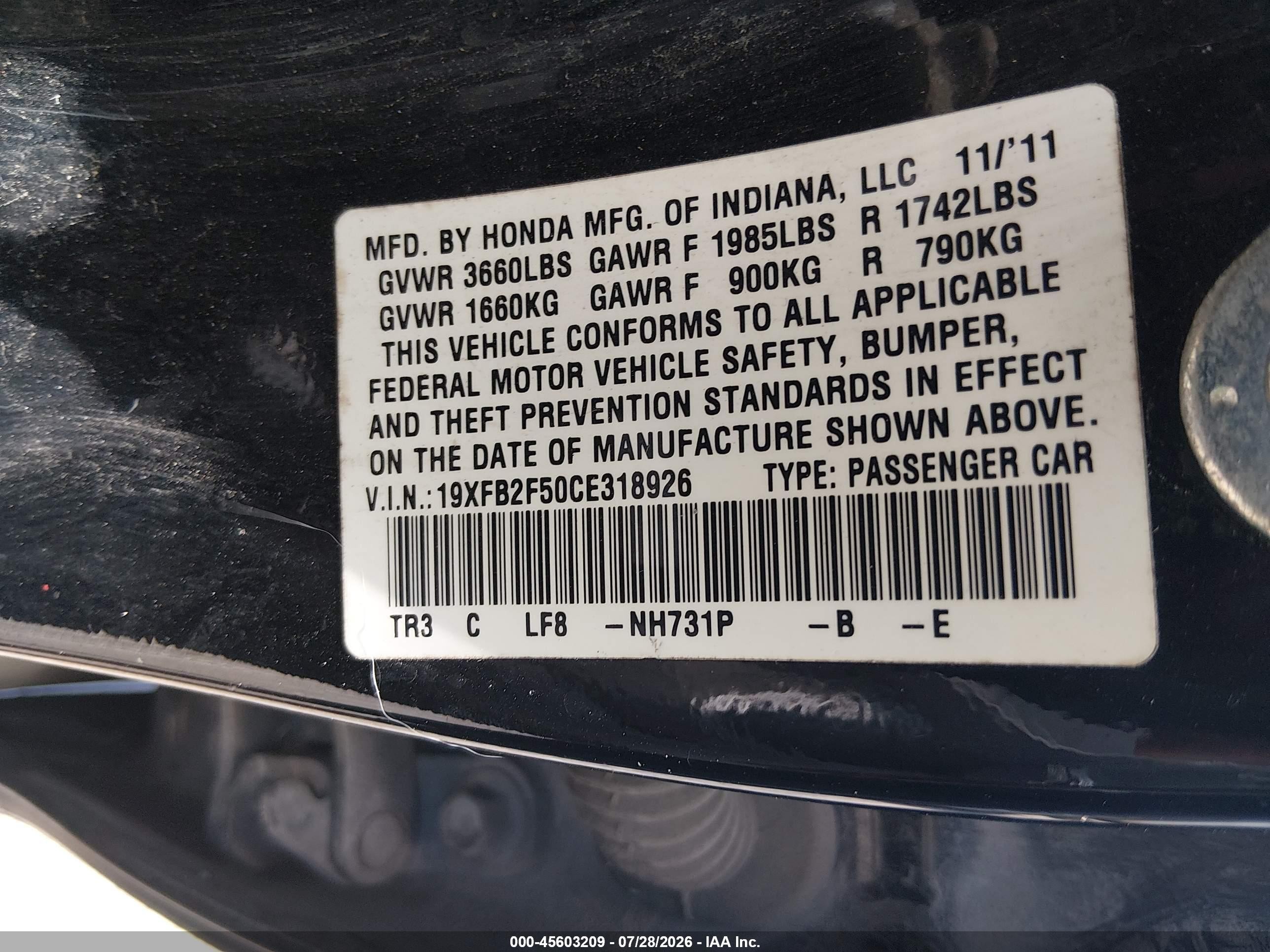 2012 Honda Civic Lx Black vin: 19XFB2F50CE318926