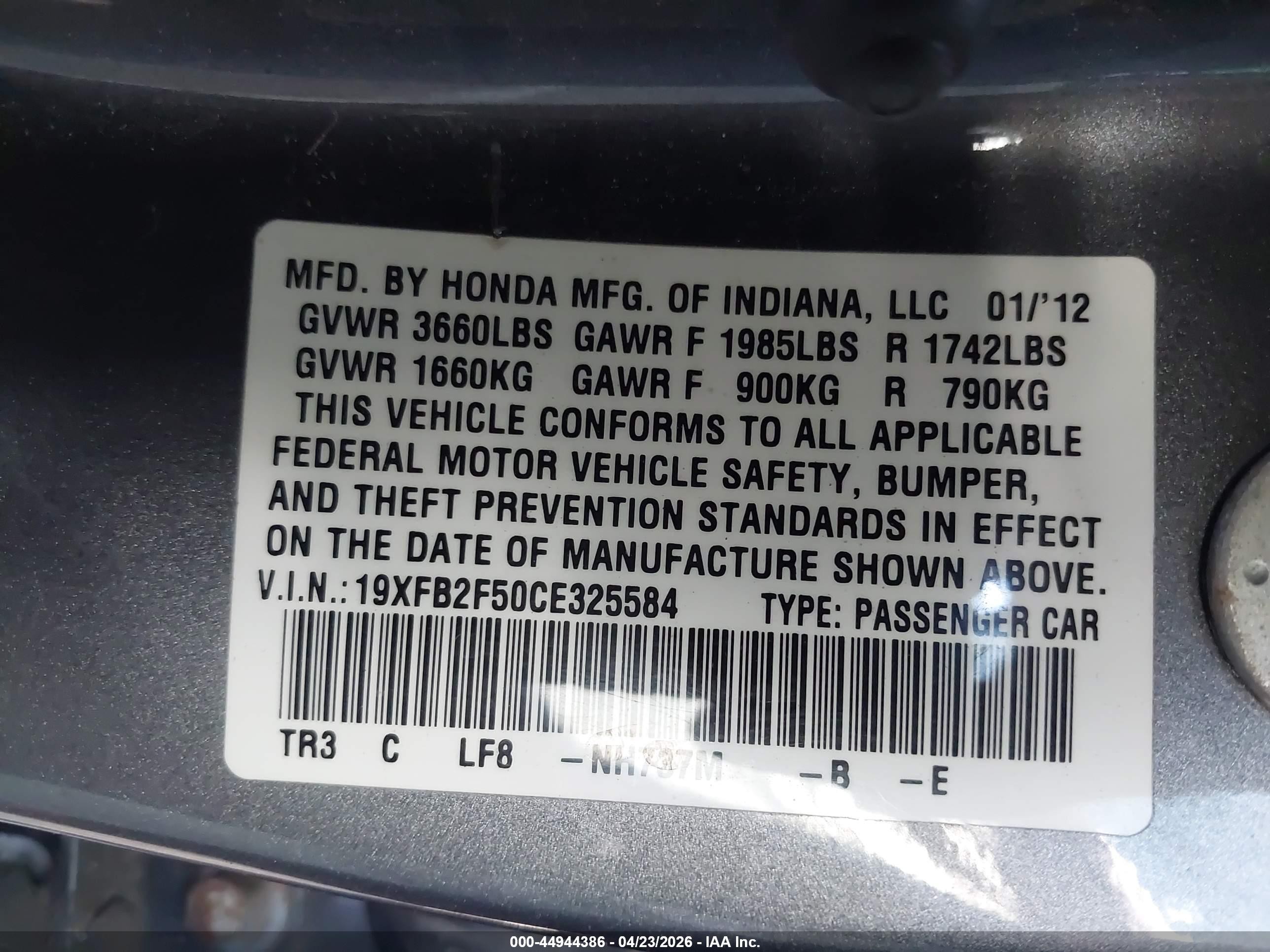 2012 Honda Civic Lx Gray vin: 19XFB2F50CE325584