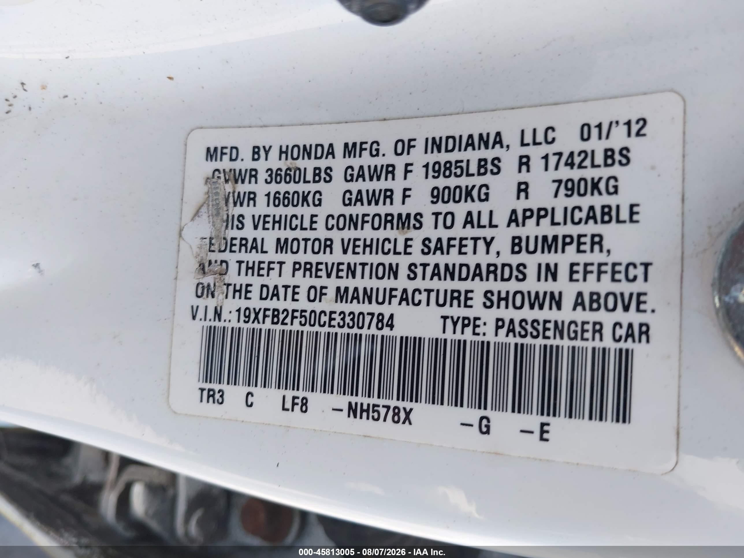 2012 Honda Civic Lx White vin: 19XFB2F50CE330784