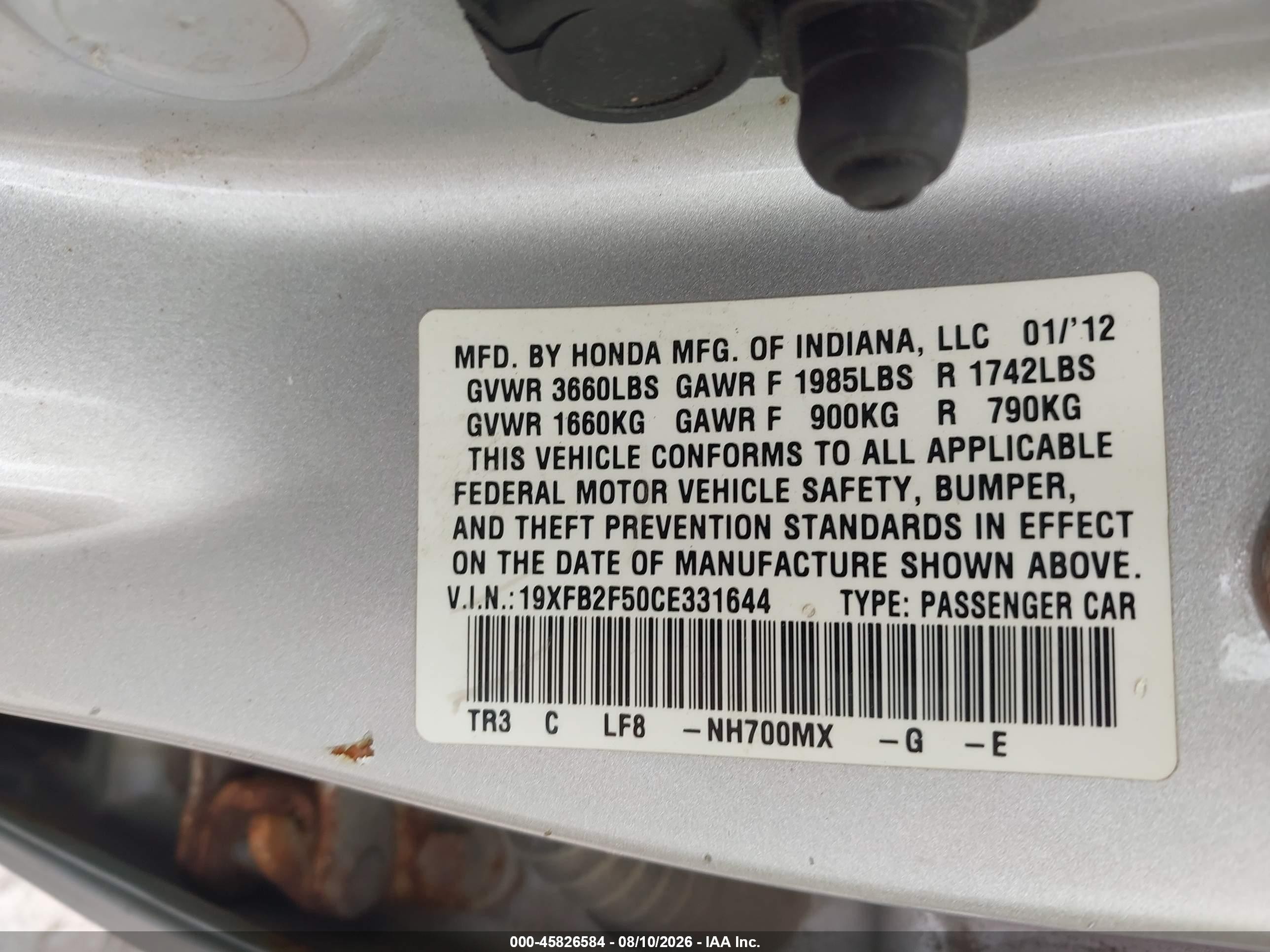 2012 Honda Civic Lx Silver vin: 19XFB2F50CE331644
