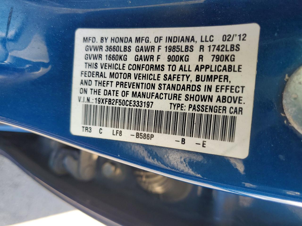 2012 Honda Civic Lx Синий vin: 19XFB2F50CE333197