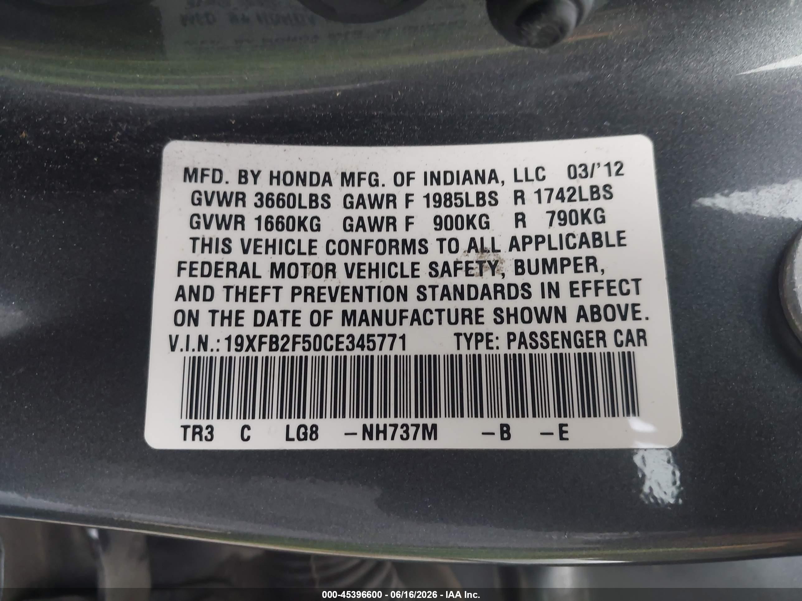 2012 Honda Civic Lx Gray vin: 19XFB2F50CE345771