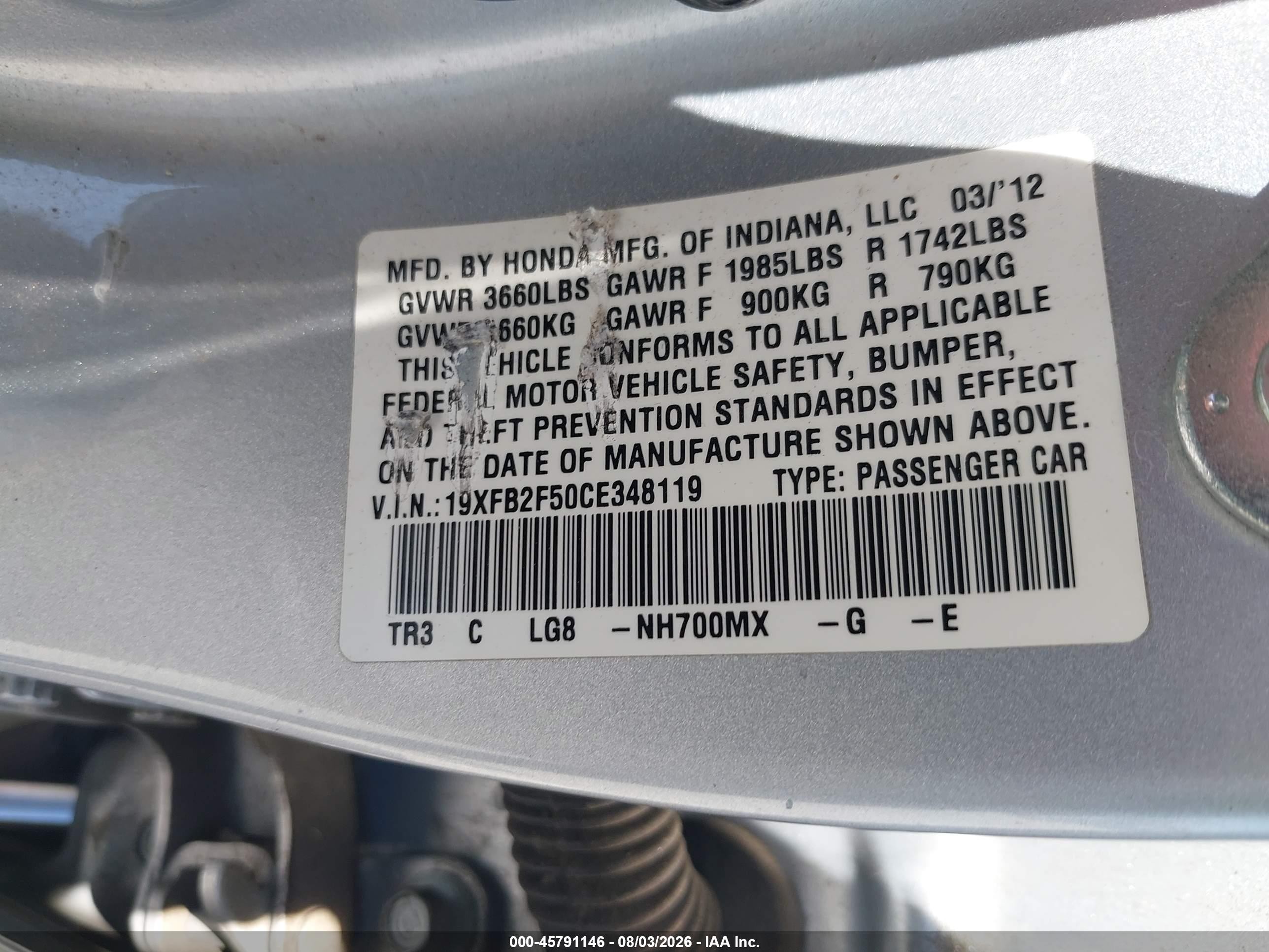2012 Honda Civic Lx Silver vin: 19XFB2F50CE348119