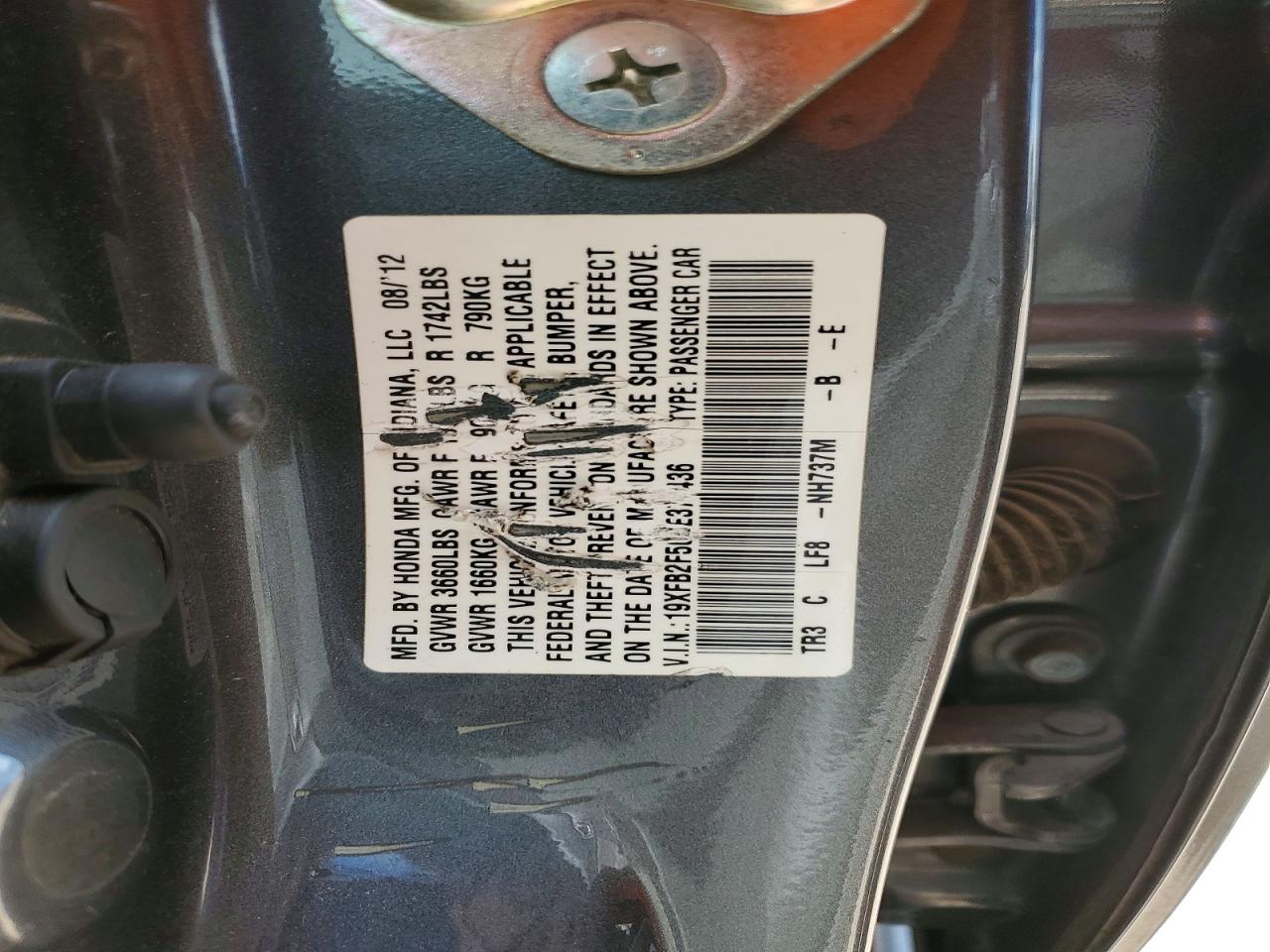 2012 Honda Civic Lx Gray vin: 19XFB2F50CE372436