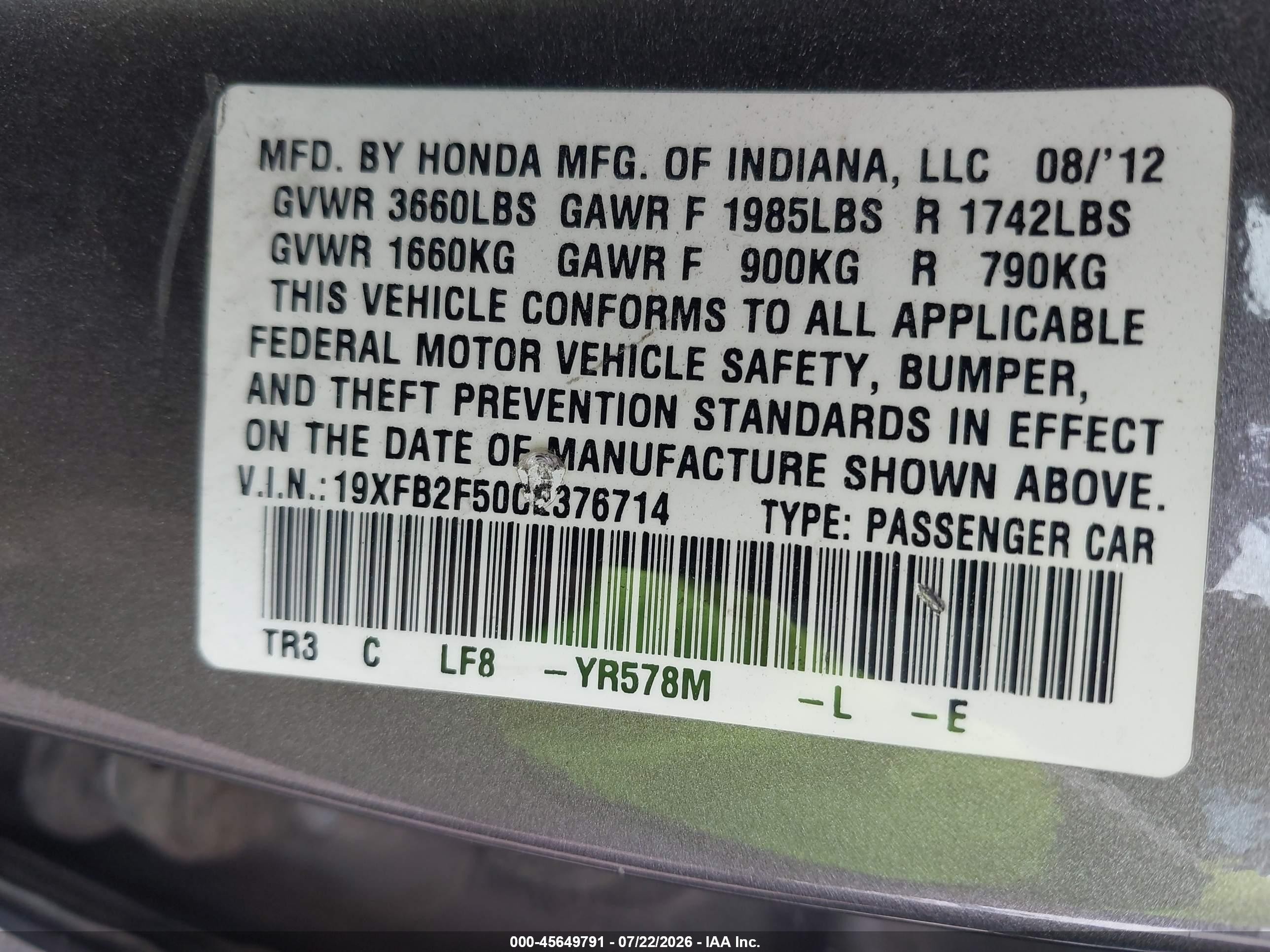 2012 Honda Civic Lx Brown vin: 19XFB2F50CE376714