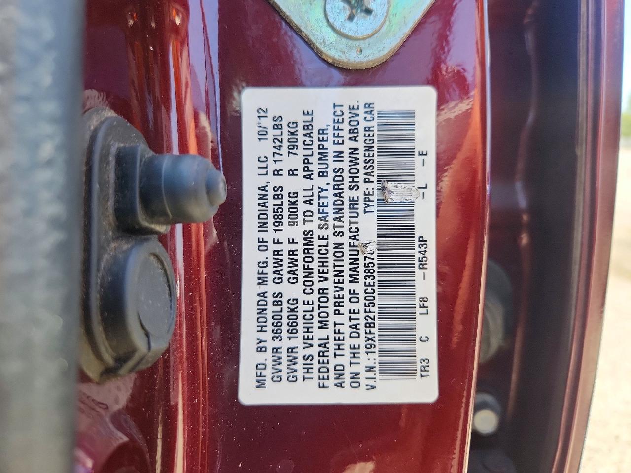 2012 Honda Civic Lx Burgundy vin: 19XFB2F50CE385784