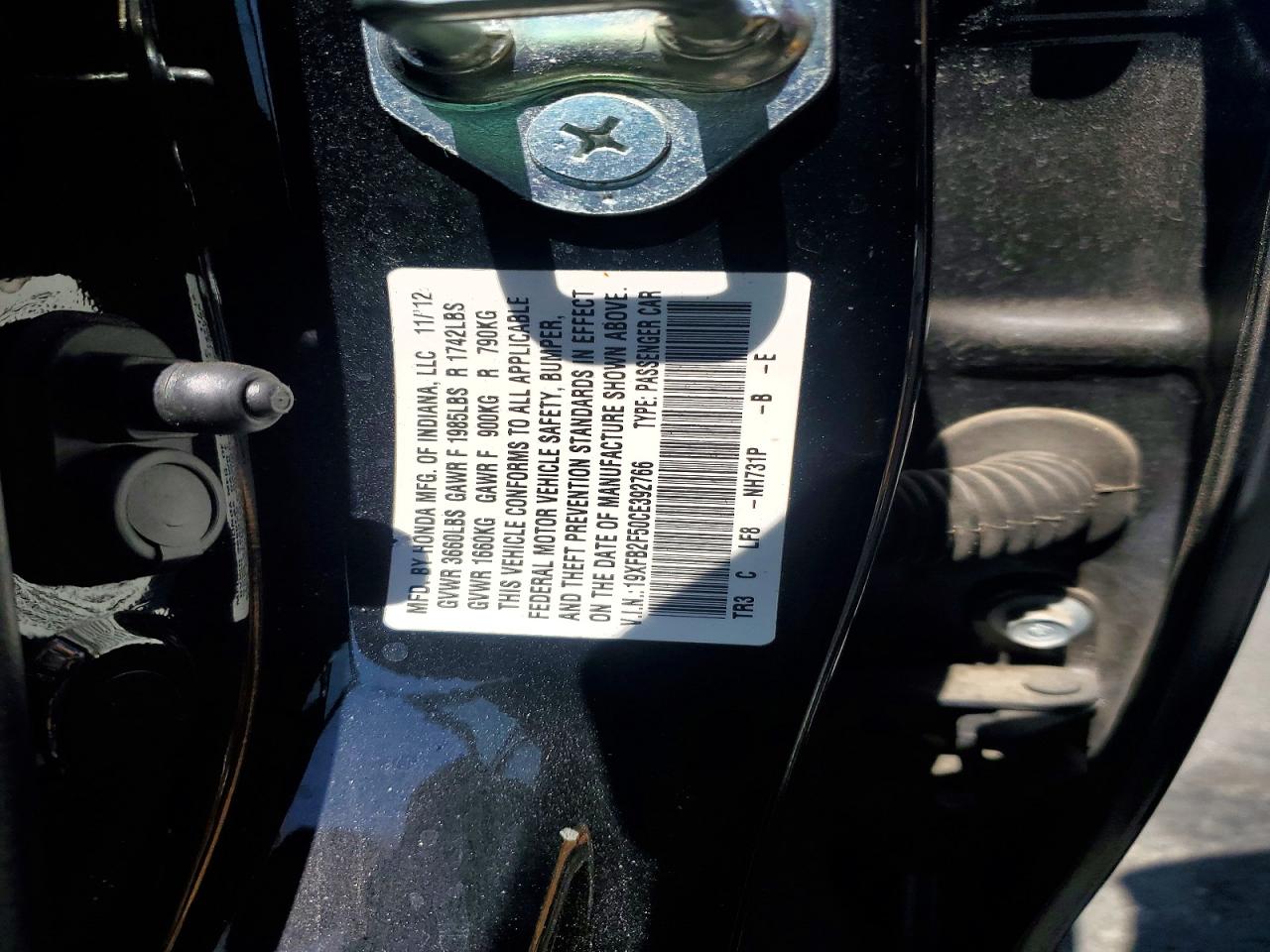 2012 Honda Civic Lx Черный vin: 19XFB2F50CE392766