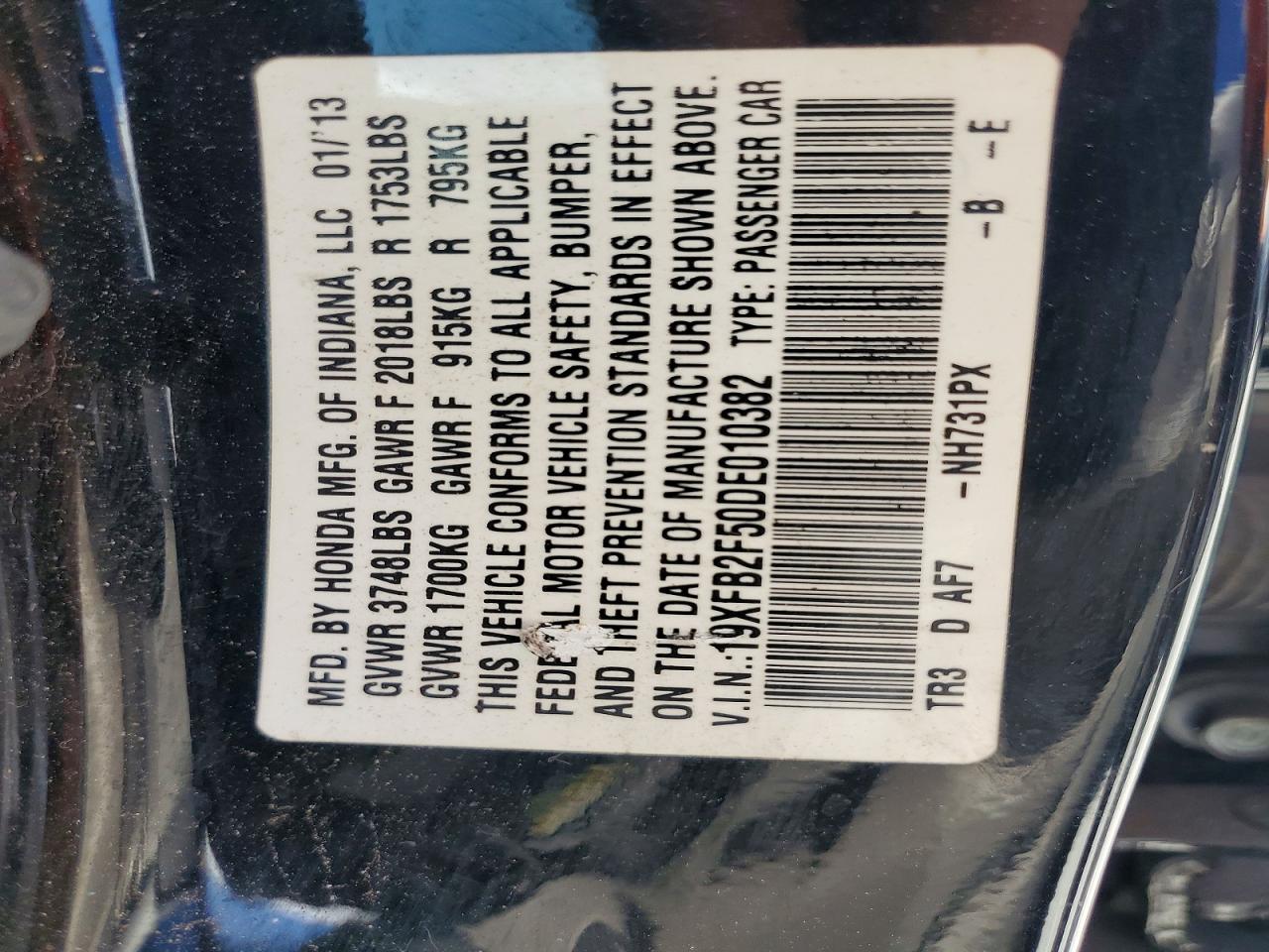 2013 Honda Civic Lx Черный vin: 19XFB2F50DE010382