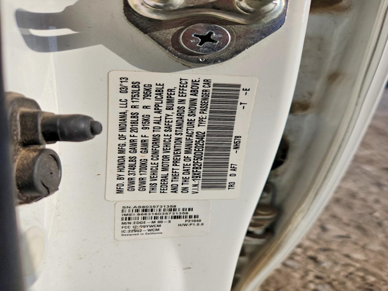 2013 Honda Civic Lx White vin: 19XFB2F50DE025402
