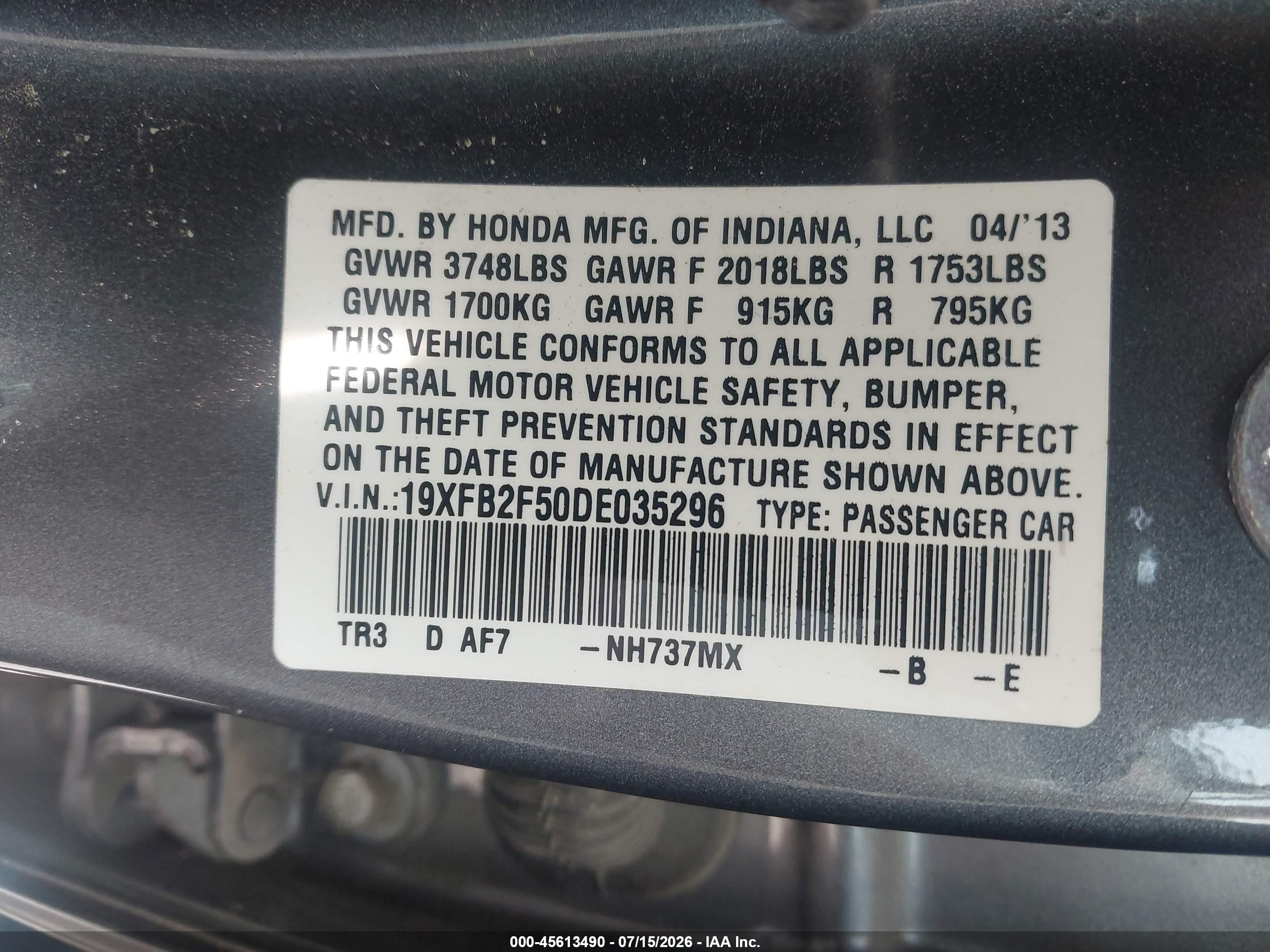 2013 Honda Civic Lx Gray vin: 19XFB2F50DE035296