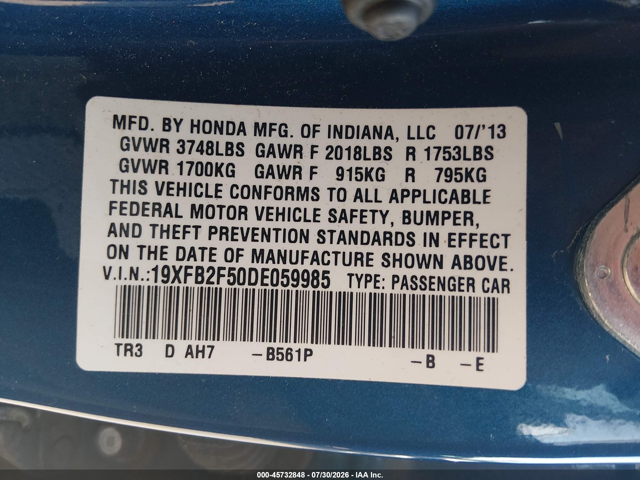 2013 Honda Civic Lx Blue vin: 19XFB2F50DE059985